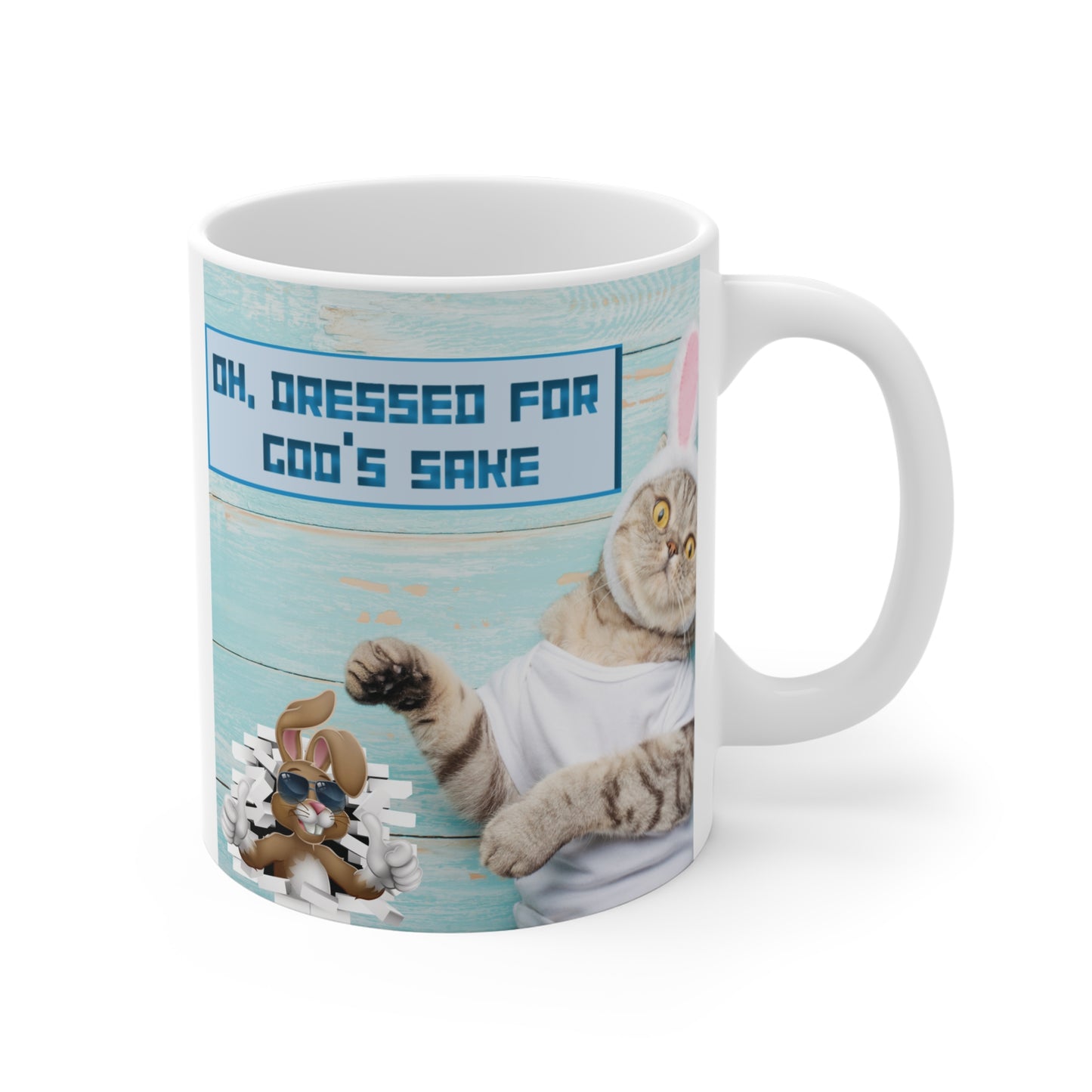 Start your day with laughs! This funny 11oz cat mug features a sarcastic bunny-costumed cat—perfect gift for Easter, cat lovers, and coffee fans. BUY NOW!