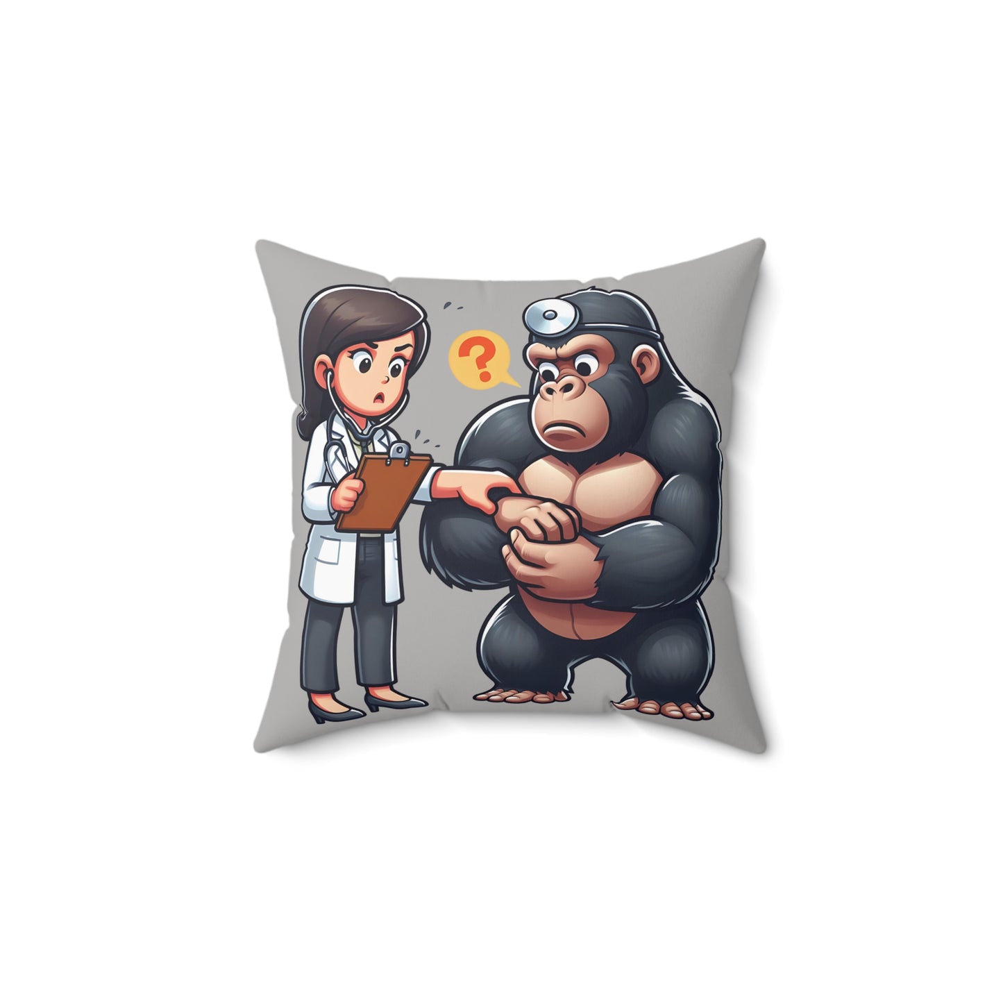 Transform your living space with the whimsical Nurse Gorilla in Medical Examination Pillow. Featuring a playful gorilla dressed as a nurse, assisting a confused doctor, this pillow adds a touch of humor to your home decor. Perfect for medical professionals, animal lovers. (SK Superb)