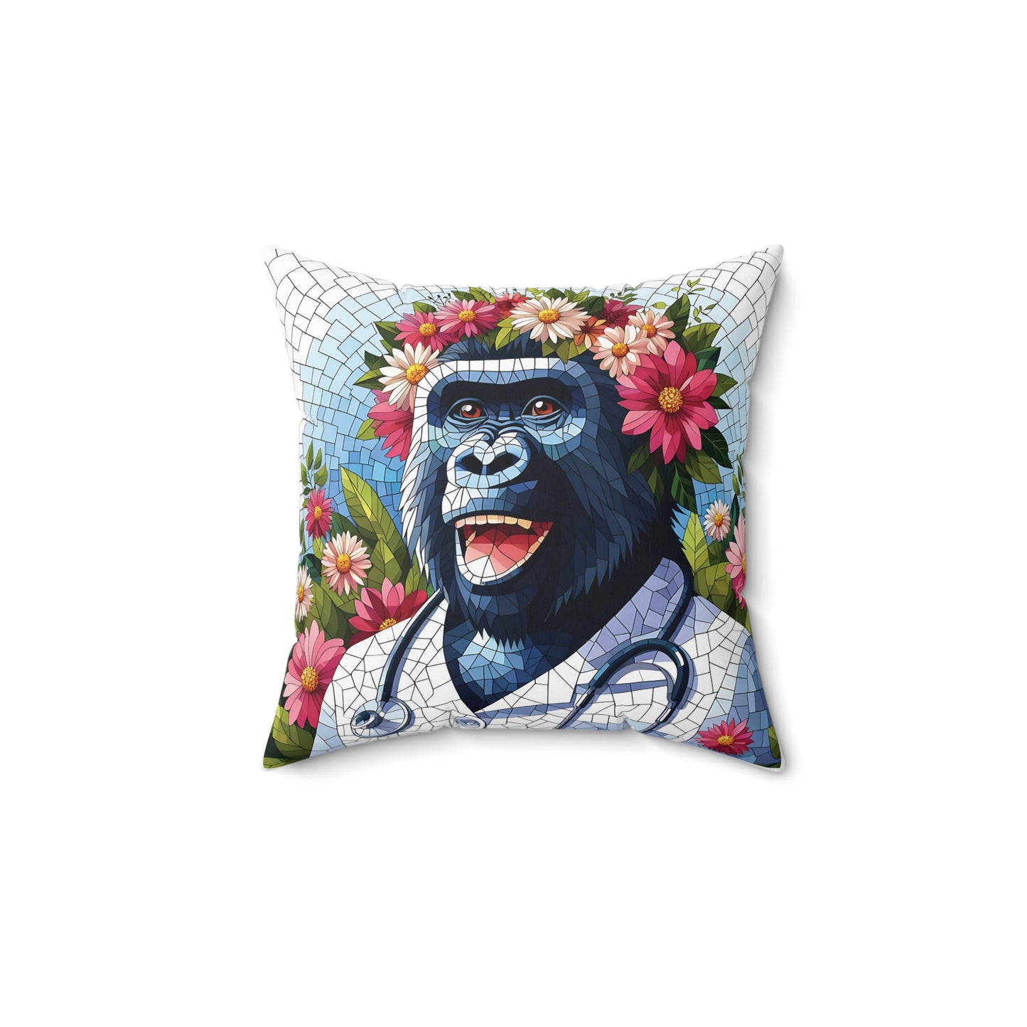 Celebrate the invaluable contributions of doctors with the Floral Doctor Gorilla Pillow. An artistic pillow of a cheerful gorilla doctor adorned with a crown of flowers, set against a lively floral backdrop. Show your appreciation for the healthcare heroes by adding to your home or office decor. (SK Superb)