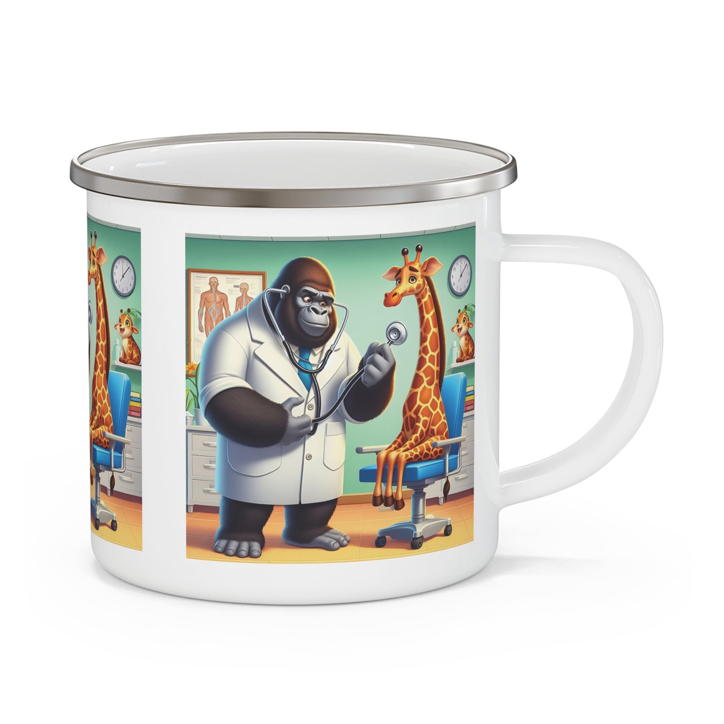 Our fun cartoon-style "Gorilla Doctor & Giraffe Patient" Enamel Camping Mug is perfect for campers, hikers, and nature lovers. Ideal for outdoor adventures or as a unique gift for animal lovers and outdoor enthusiasts. BUY NOW! (SK Superb)