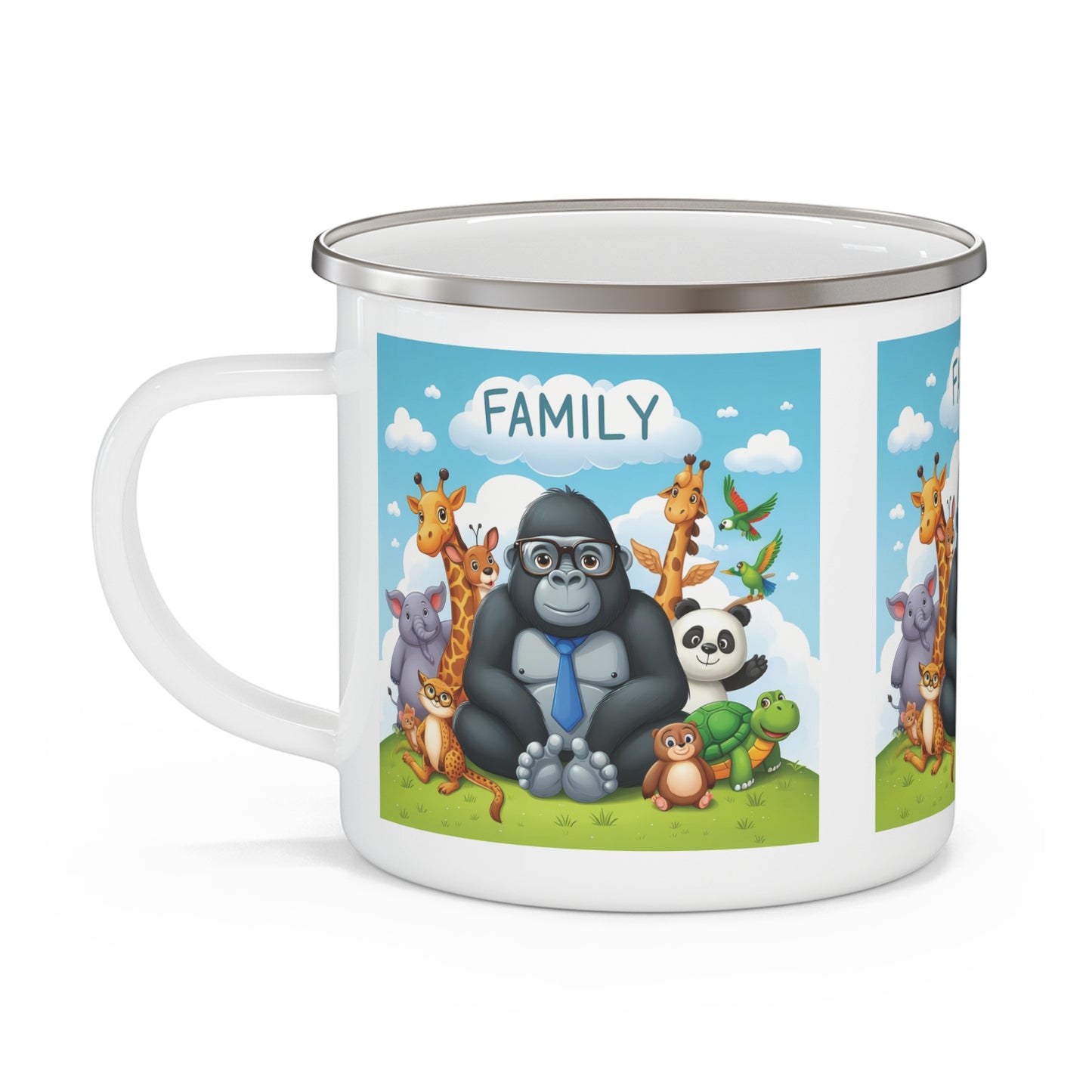 Cartoon Gorilla & Animal Family Enamel Camping Mug - Outdoor Adventures
