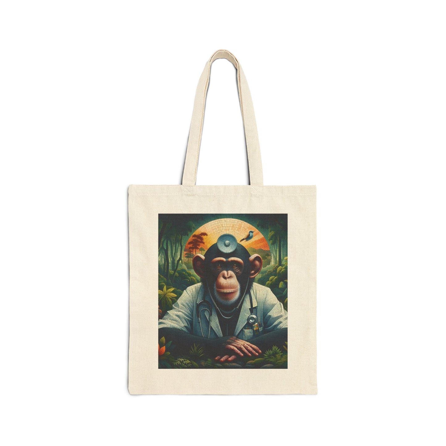 A practical and creative canvas tote bag of a mosaic style "Doctor Chimpanzee" in a forest setting. Perfect for medical professionals, animal lovers, or anyone who appreciates whimsical and artistic designs. BUY NOW! (SK Superb)