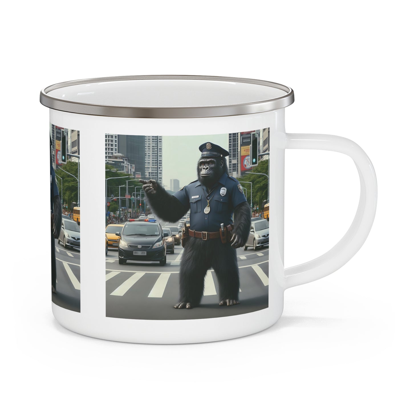 Enjoy your outdoor adventures with this fun "Gorilla Traffic Cop" Enamel Camping Mug! A playful design of a gorilla police officer directing traffic in a city. This mug is ideal for camping, hiking, or daily use. A great gift for wildlife enthusiasts and lovers of quirky, animal-themed drinkware. BUY NOW! (SK Superb)