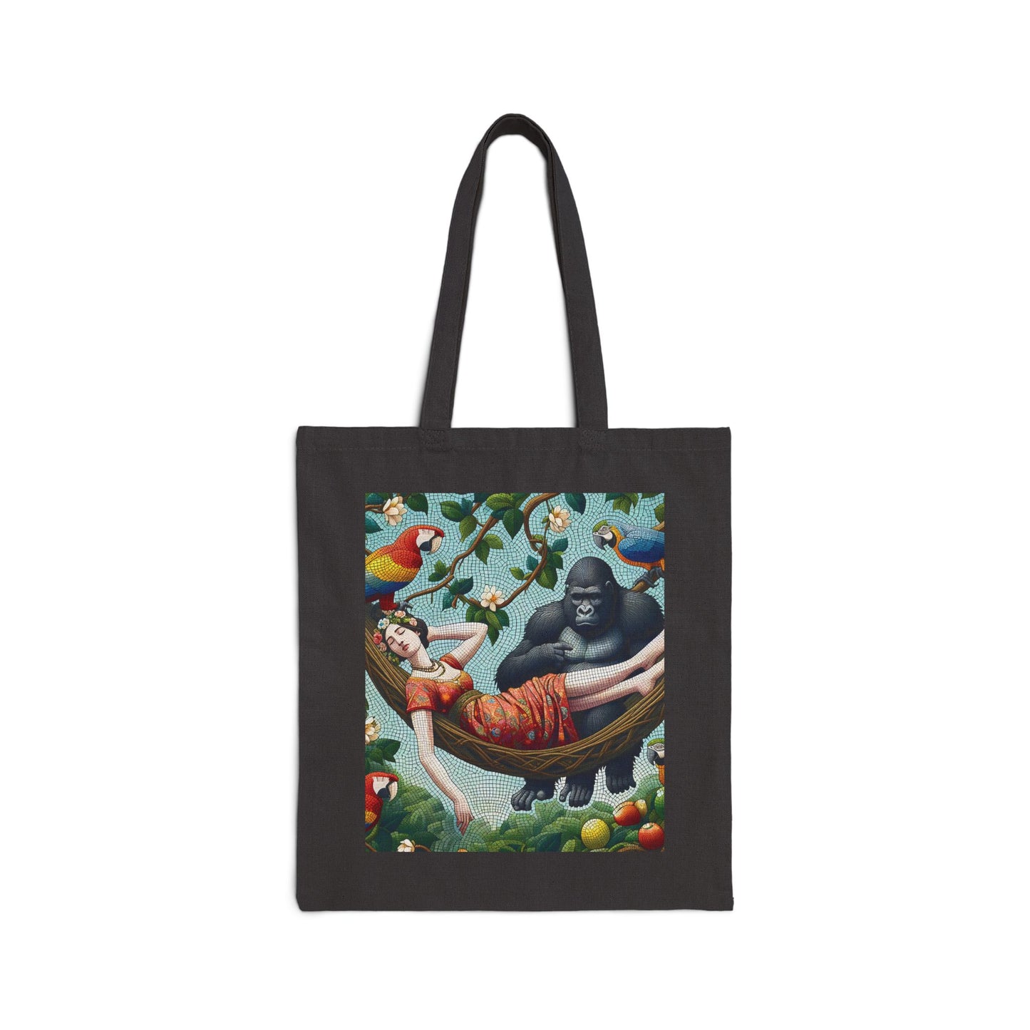 Our "Exotic Jungle Relaxation" canvas tote bag features a captivating image of a gorilla lounging in a hammock alongside a serene woman. Ideal for nature and art lovers, this tote bag is functional and stylish for everyday use. BUY NOW! (SK Superb)
