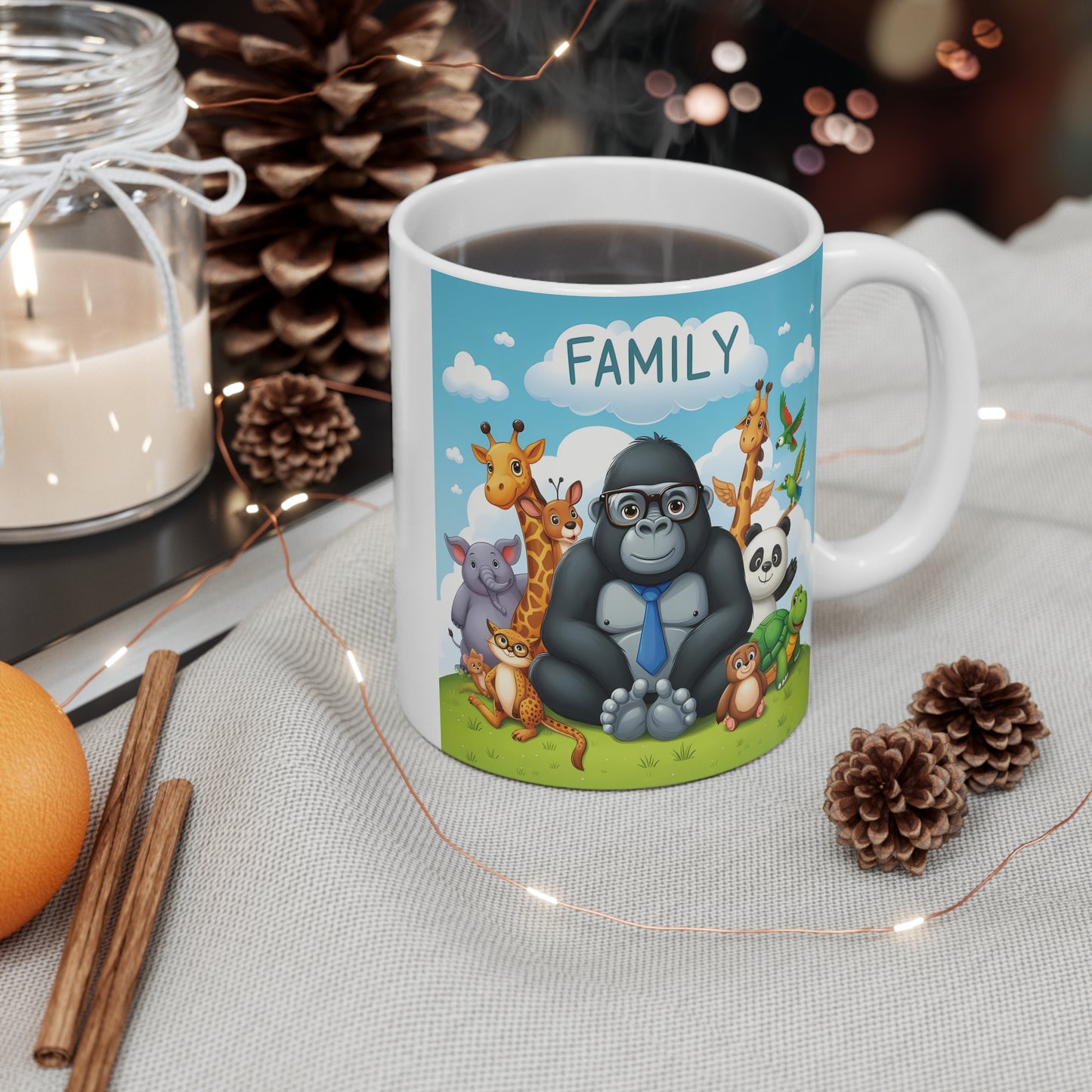 Animal Friends & Gorilla Cartoon Family 11oz Mug - Family Joy