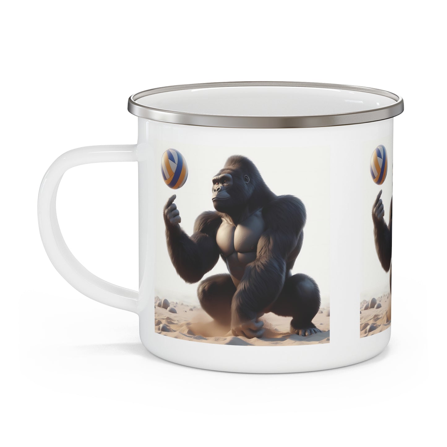 Outdoor Adventure Enamel Coffee Mug Gift Gorilla Playing Beach Volleyball - Animal Lover