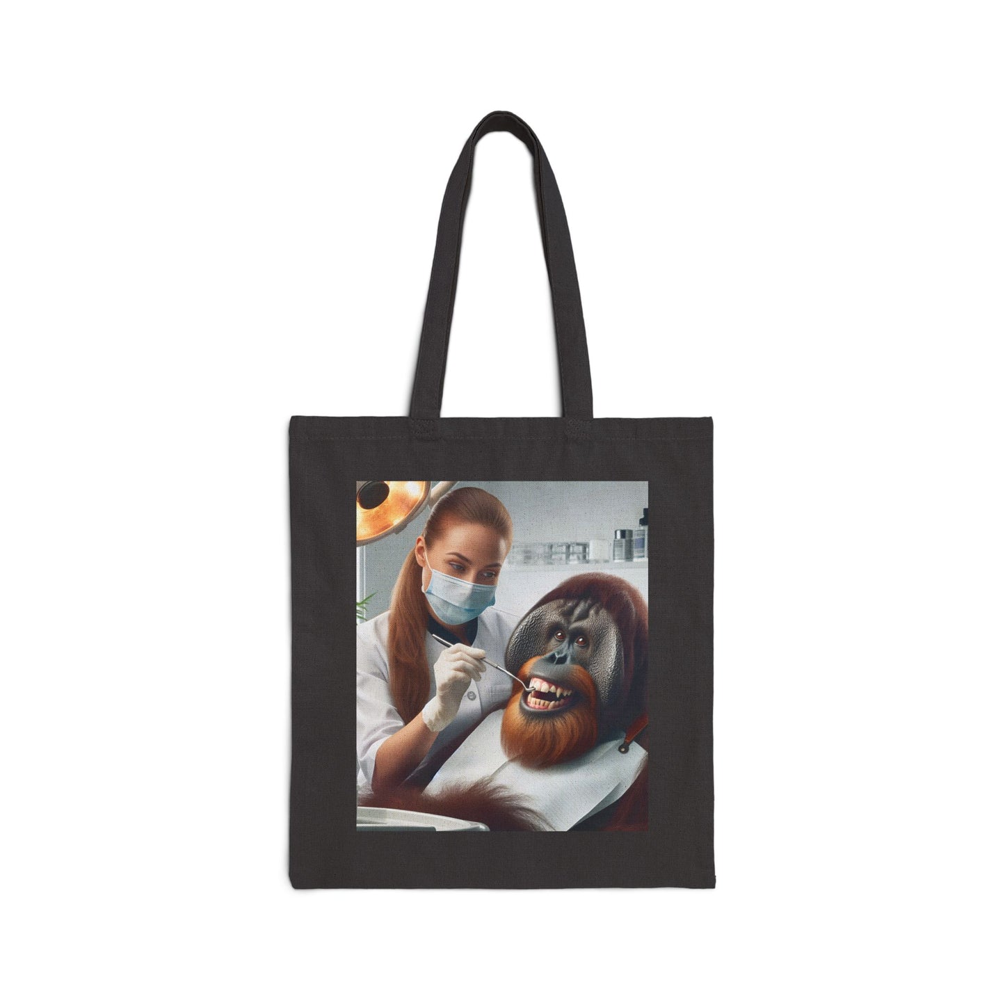 This delightful "Gorilla Dentist Canvas Tote Bag" features a playful gorilla at the dentist, humorously mirrors the typical human dentist and patient scenario. An eco-friendly tote bag. Perfect for Animal lovers and Dental professionals. BUY NOW! (SK Superb)