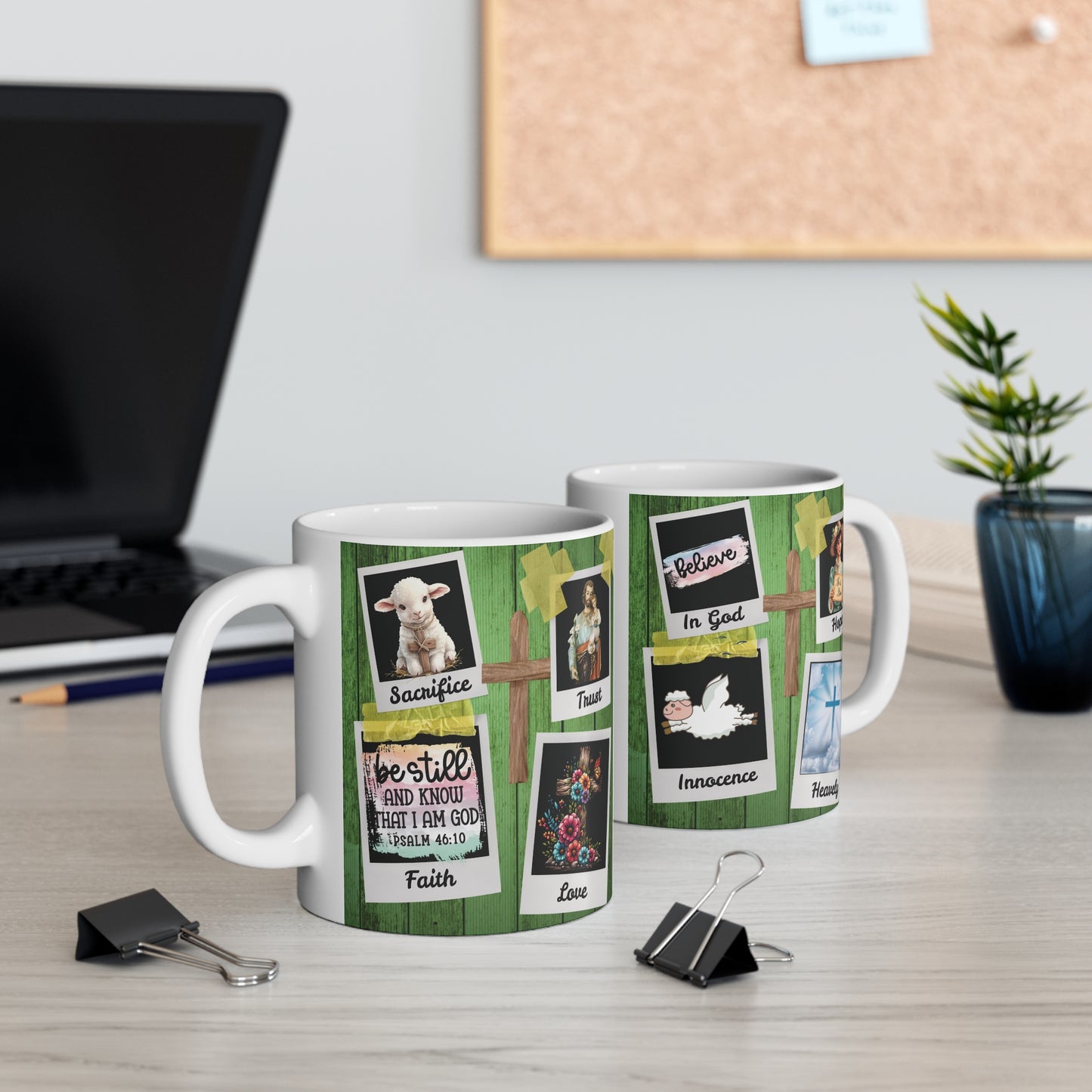Christian coffee mug featuring trust, love, and sacrifice (Polaroid style)