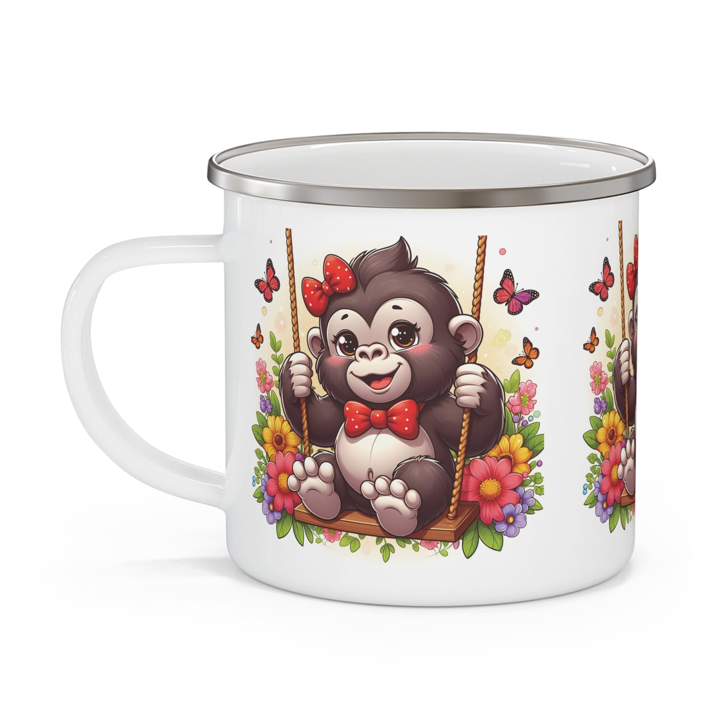 Cute Baby Gorilla Swing Design Enamel Camping Mug