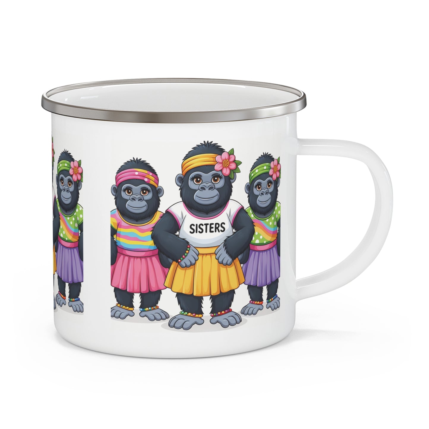 Celebrate sisterhood with this adorable cartoon "Sisters Forever" enamel camping mug. A perfect mug for outdoor adventures or cozy moments at home. This unique gorilla-themed mug makes a thoughtful gift for sisters, friends, or gorilla lovers. BUY NOW! (SK Superb)