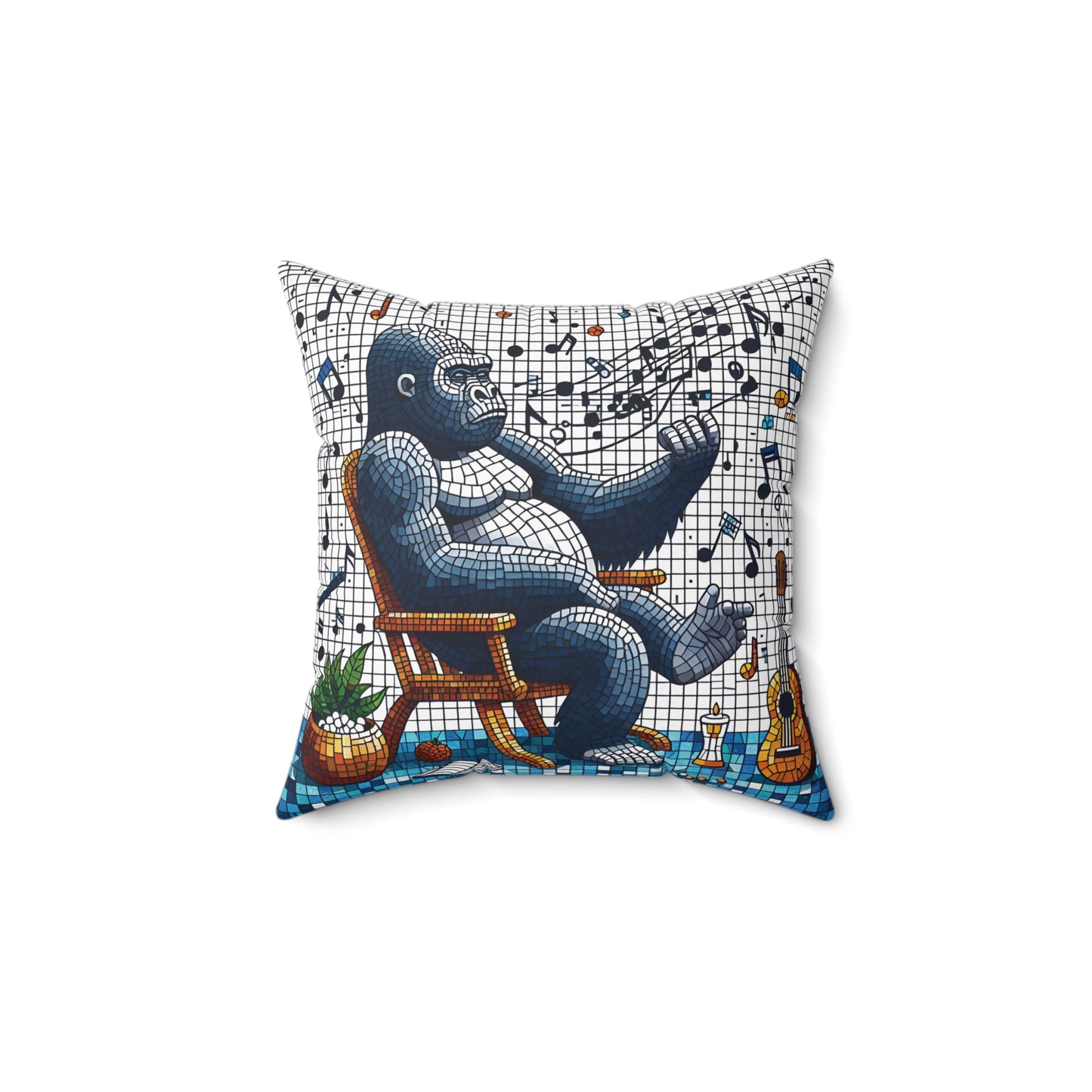 Embrace the harmony of relaxation and music with our "Relaxing Gorilla in Mosaic Music Pillow." A creative design pillow of a serene gorilla enjoying a peaceful moment in a rocking chair, surrounded by musical notes. Perfect for music lovers in your home and office decor. (SK Superb)