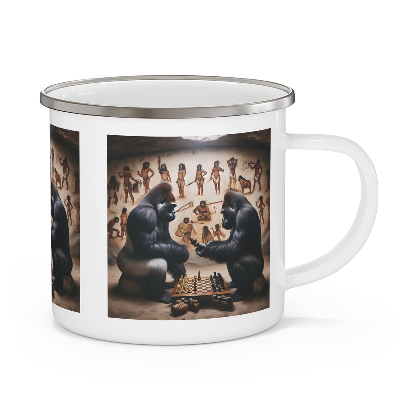 A perfect blend of art and adventure with our Enamel Camping Mug, with two gorillas engrossed in a game of chess that cleverly mirrors the strategic intensity of human chess matches. Perfect for camping, hiking, picnics and outdoor activities. Gift for nature lovers and chess enthusiasts. BUY NOW! (SK Superb)