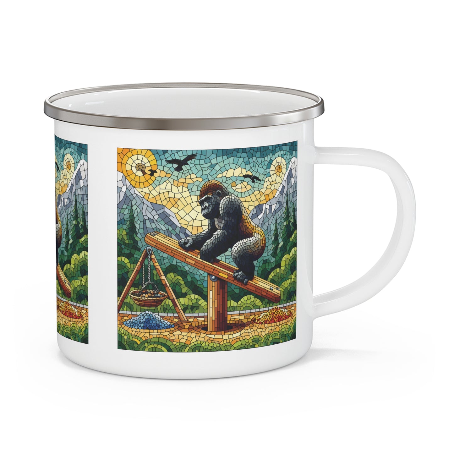 Elevate your outdoor experience with our practical, mosaic art "Gorilla Seesaw Adventure" Enamel Camping Mug. Perfect for nature lovers, campers, and hikers. A thoughtful gift for anyone who loves gorillas, campers, wildlife, or artistic drinkware. BUY NOW! (SK Superb)