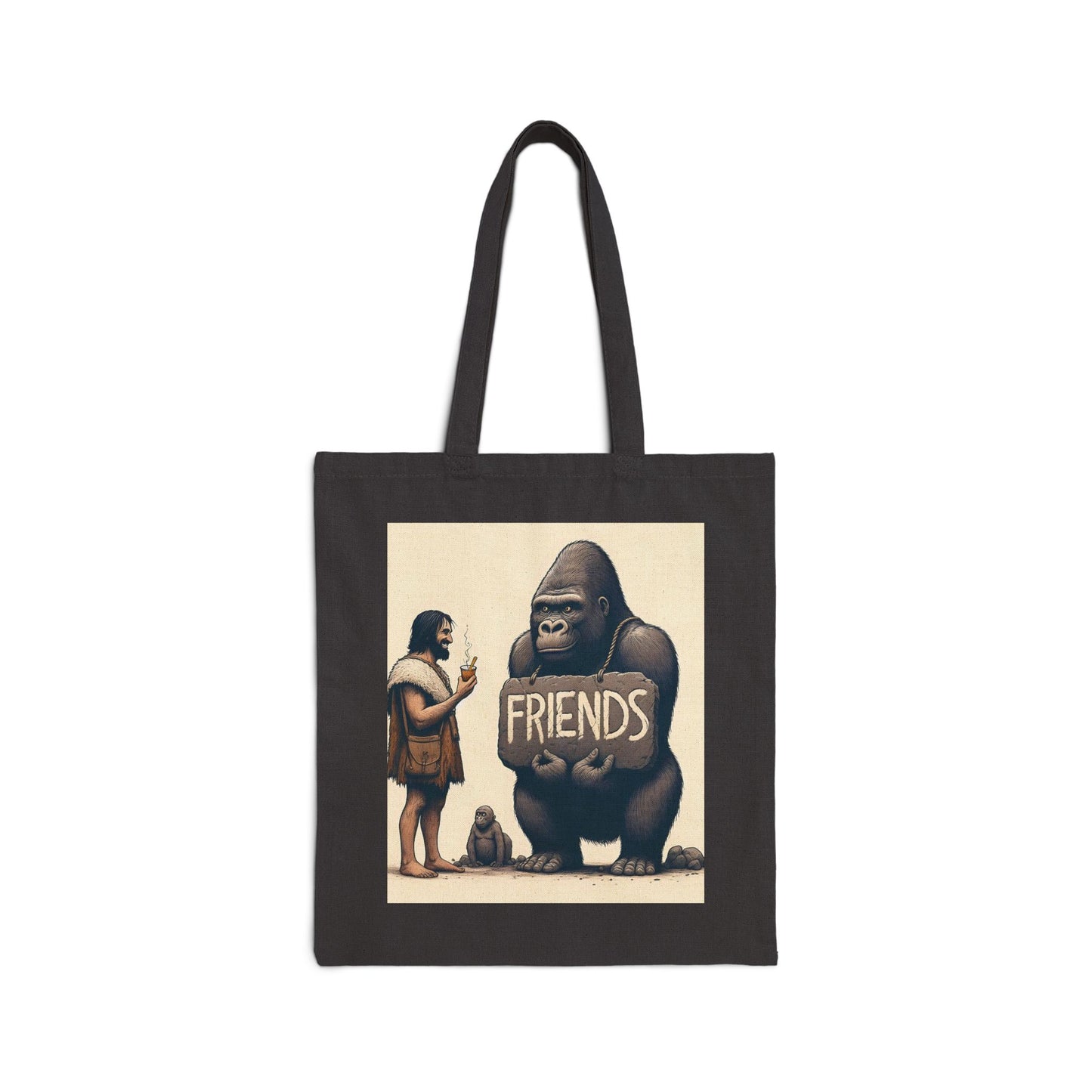 Embrace the spirit of friendship and unity with our Canvas Tote Bag featuring a heartwarming design of a gorilla and a human holding a sign that reads "FRIENDS." This artistic illustration symbolizes the bond and harmony between different beings. A tote for daily use or as a thoughtful gift. BUY NOW! (SK Superb)