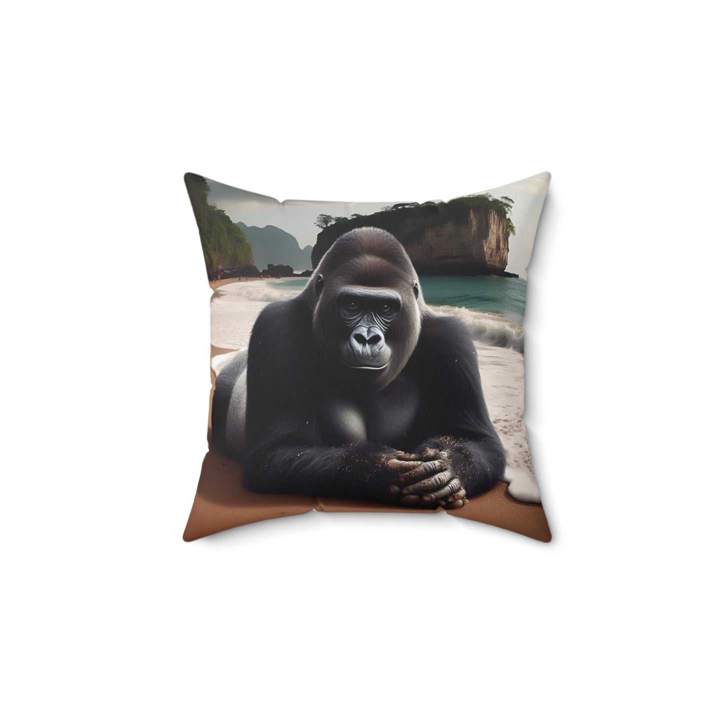 Add a touch of serene beach vibes to your home with the 'Gorilla on the Beach Pillow'. The gorilla's relaxed pose mirrors that of human beach enthusiasts, creating a captivating connection between nature and human leisure. Enhance your decor with this distinctive and charming pillow today! BUY NOW! (SK Superb)