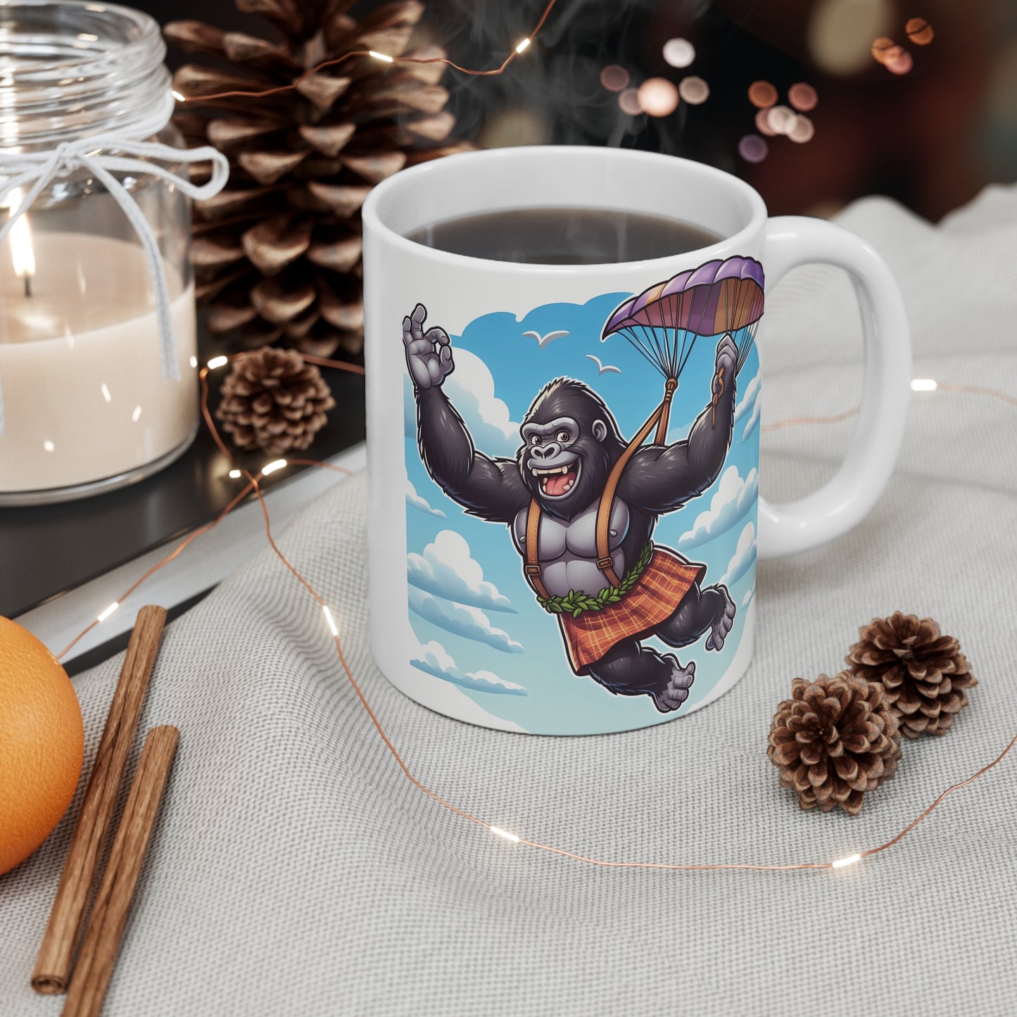 Joyous Skydiving Gorilla 11oz Mug - Fun, Adventure, Animal Theme