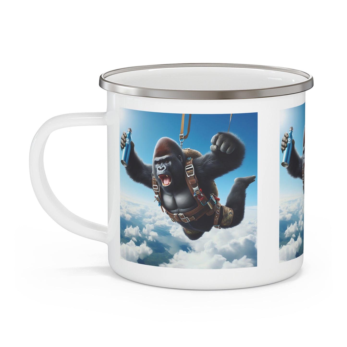 Quirky Outdoor Adventure Gorilla Parachuting Enamel Camping Mug