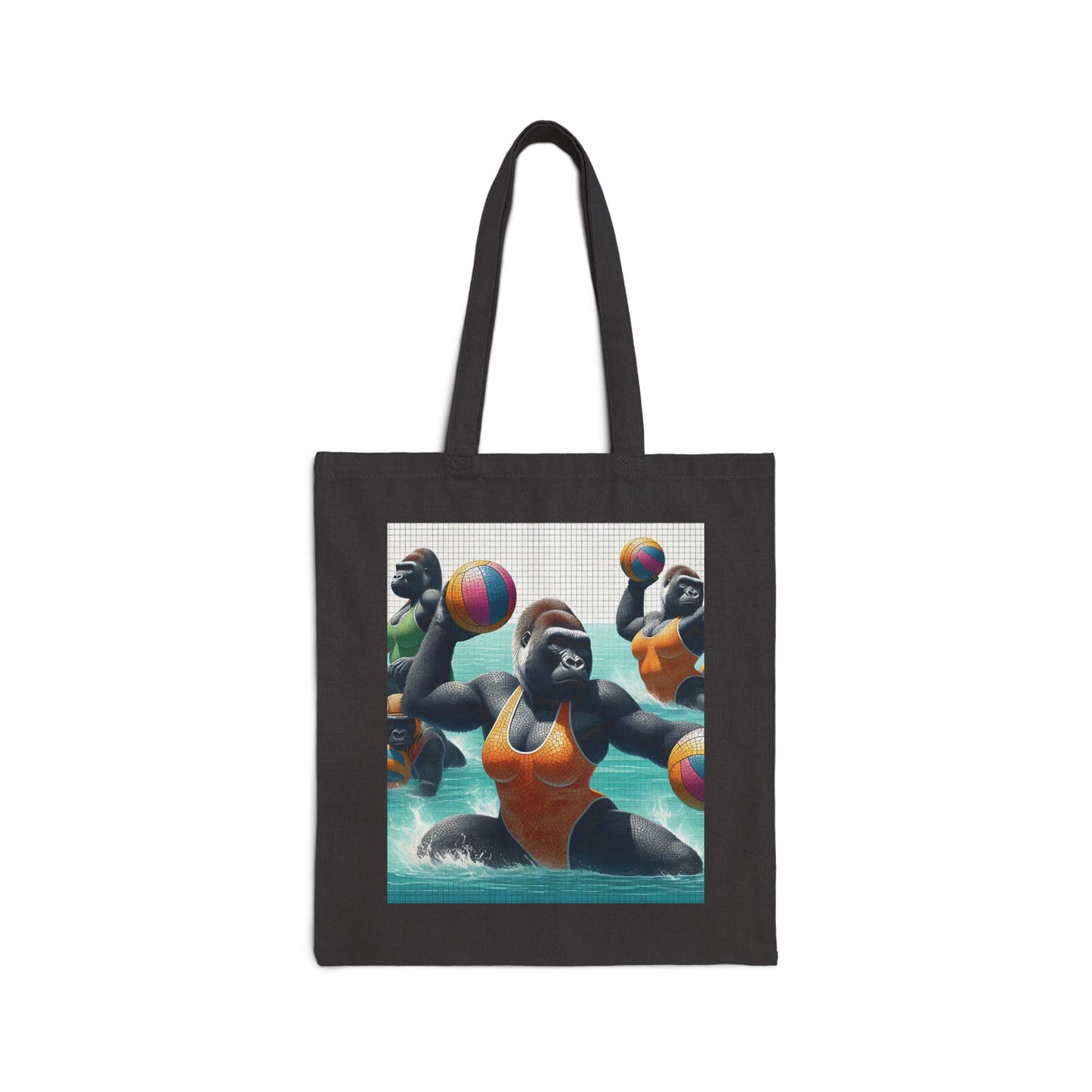 Dive into a world of excitement and fun with our mosaic style "Gorilla Water Polo" Canvas Tote Bag. A tote bag depicting gorillas enjoying a thrilling game of water polo, similar to humans playful spirit. Ideal for animal lovers, sports enthusiasts, and anyone who appreciates whimsy designs. BUY NOW! (SK Superb)