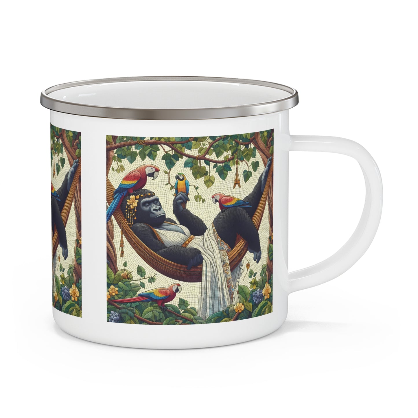 Elevate your outdoor adventures with our whimsical "Relaxing Gorilla in Hammock" Enamel Camping Mug, similar to human-like relaxation in the heart of nature!. Perfect for camping, hiking, outdoor and indoor use. BUY NOW! (SK Superb)
