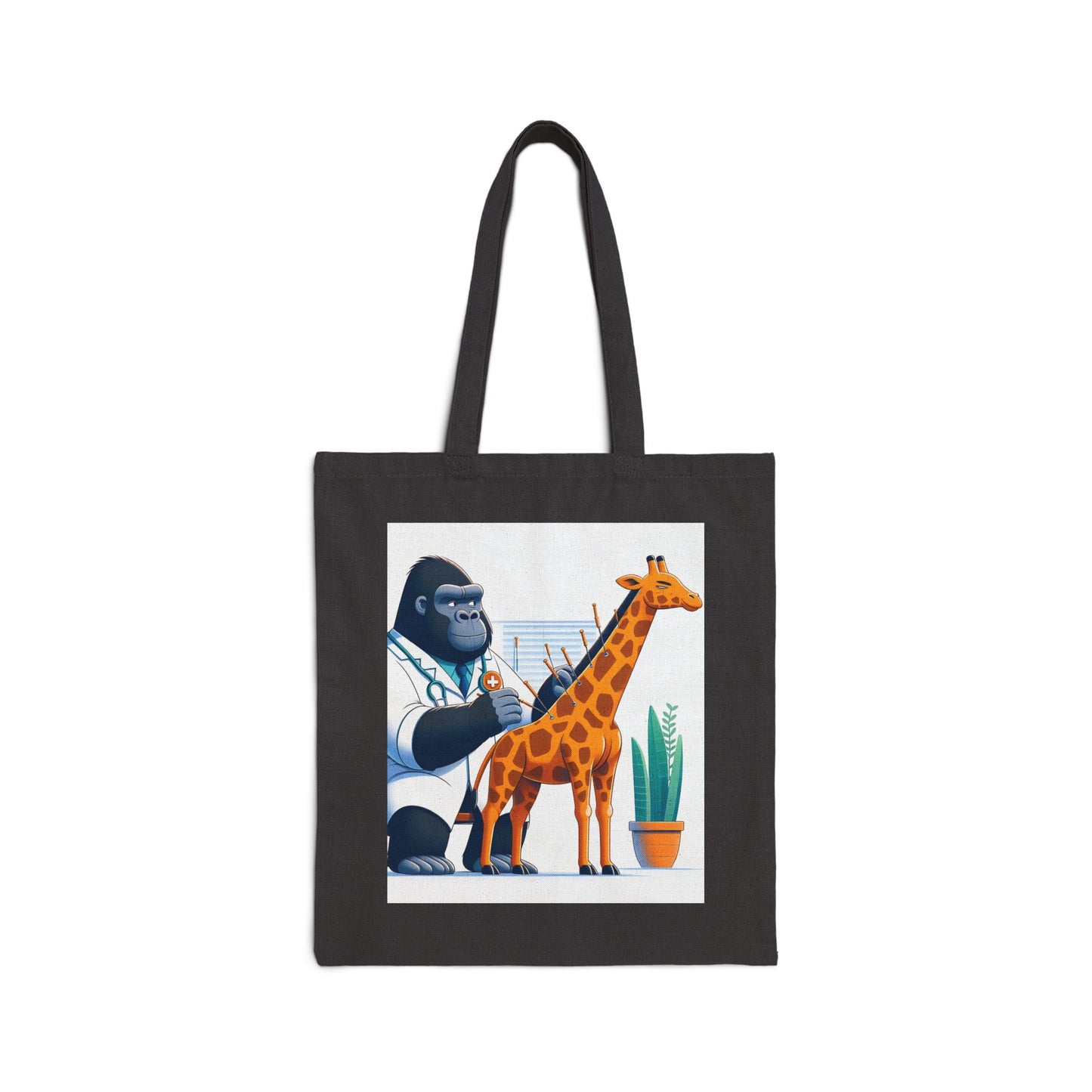Our playful, imaginative illustration of a "Gorilla Acupuncturist" Canvas Tote Bag providing treatment to a giraffe adds fun and creativity to your everyday errands. ideal for animal lovers and healthcare professionals. BUY NOW! (SK Superb)