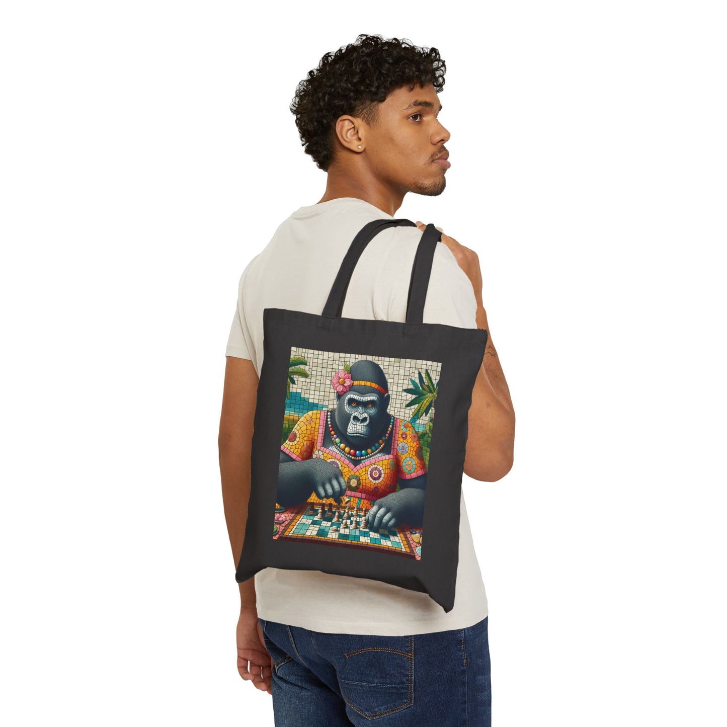Mosaic Animal Art Sweet Gorilla Playing Chess Canvas Tote Bag