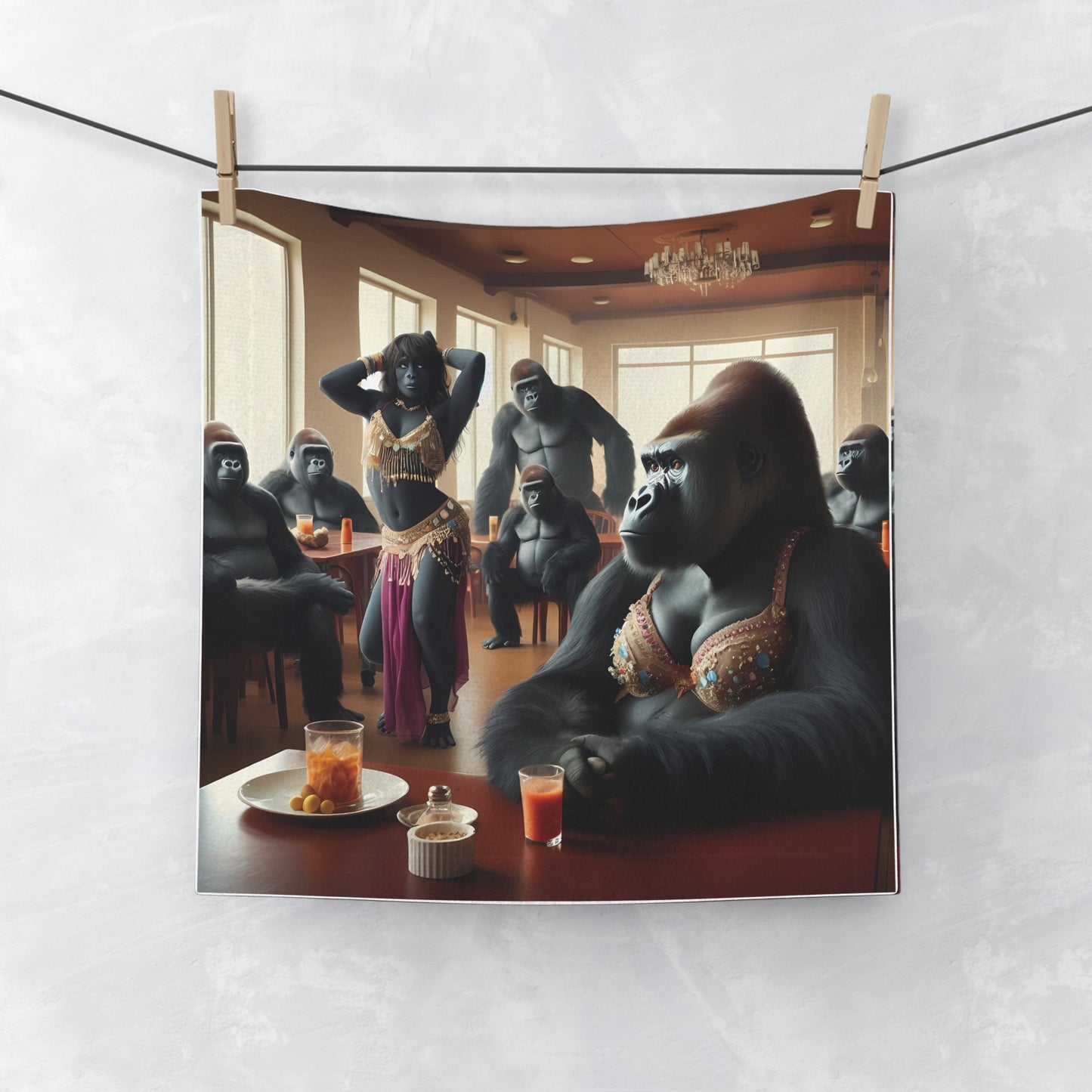 Our "Exotic Gorilla Belly Dancer Face Towel" is a functional accessory and a striking piece of art and creativity. Ideal for dancers, animal art enthusiasts, and those who love unique home decor, this towel brings together the worlds of wildlife and human passion for belly dancing. BUY NOW! (SK Superb)
