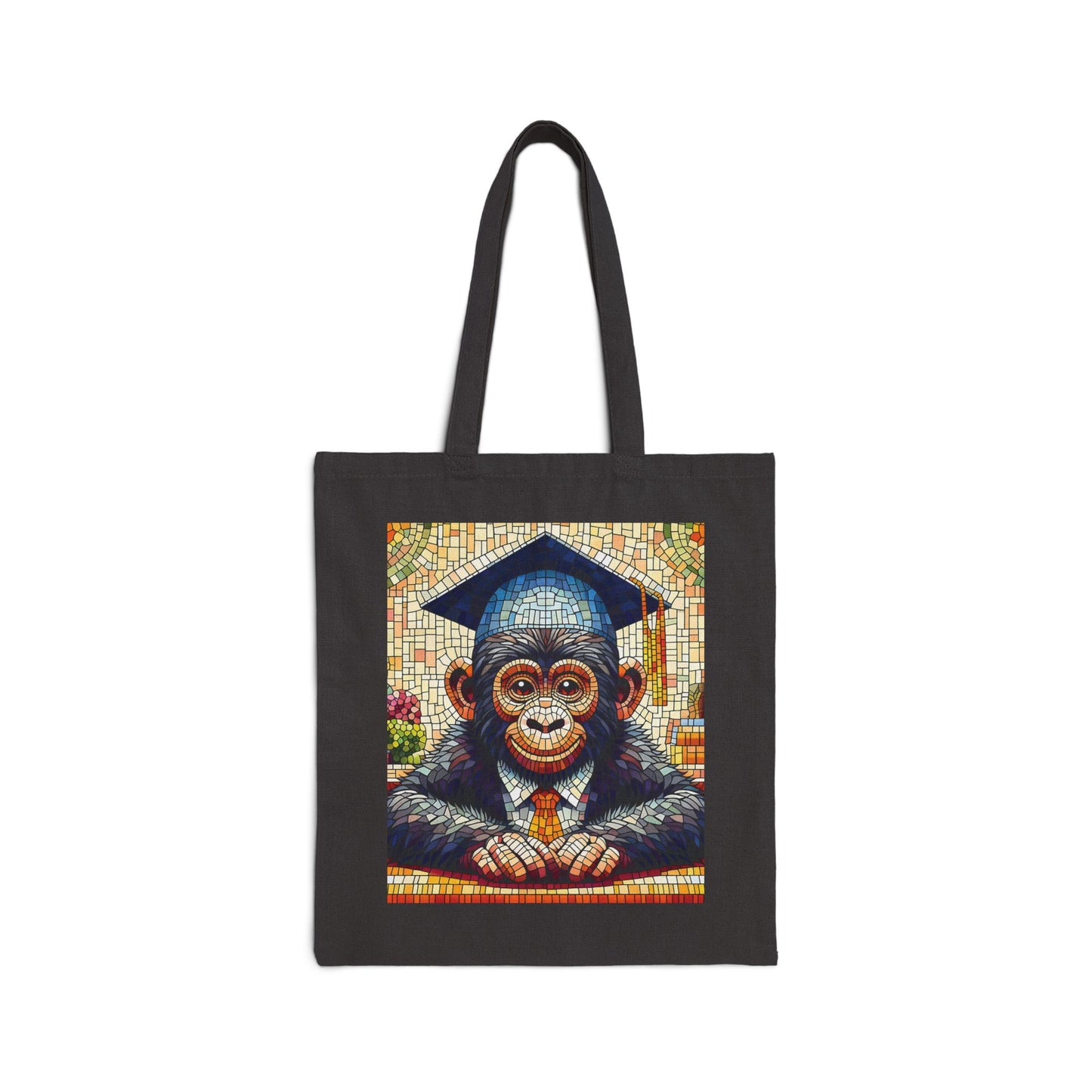 Mosaic Baby Monkey Graduation Celebration Canvas Tote Bag (Black Color Bag)