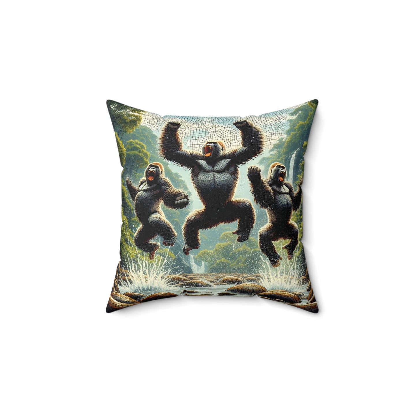 Bring the wild excitement of nature into your home with the "Gorilla Trio Jumping in the Forest Pillow". Featuring gorillas leaping with joy in a forest backdrop, this pillow adds a touch of adventurous spirit to any space. Perfect for nature lovers and wildlife enthusiasts, a cozy addition to your decor. (SK Superb)