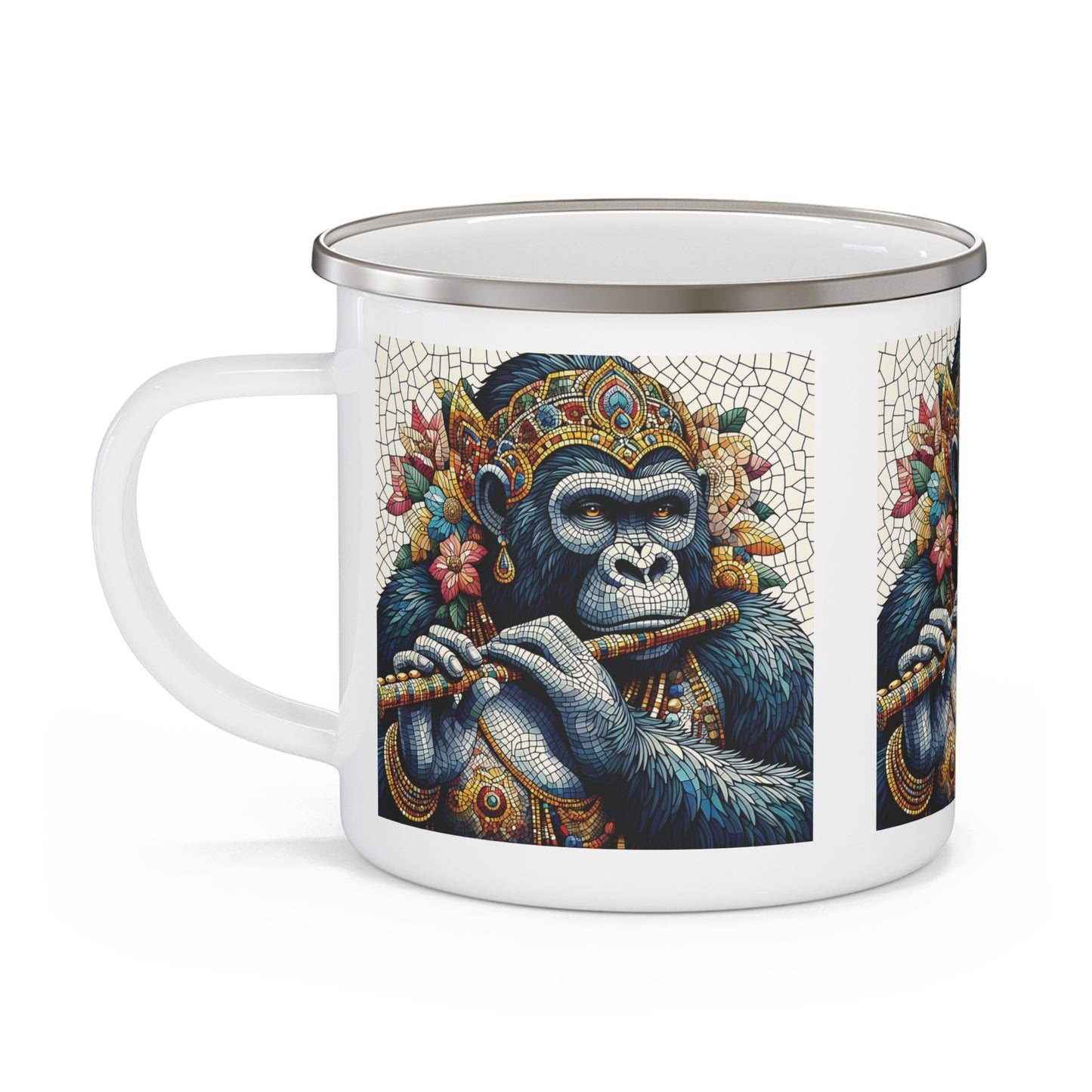 Elegant Female Gorilla Playing Flute Enamel Camping Mug - Mosaic Style