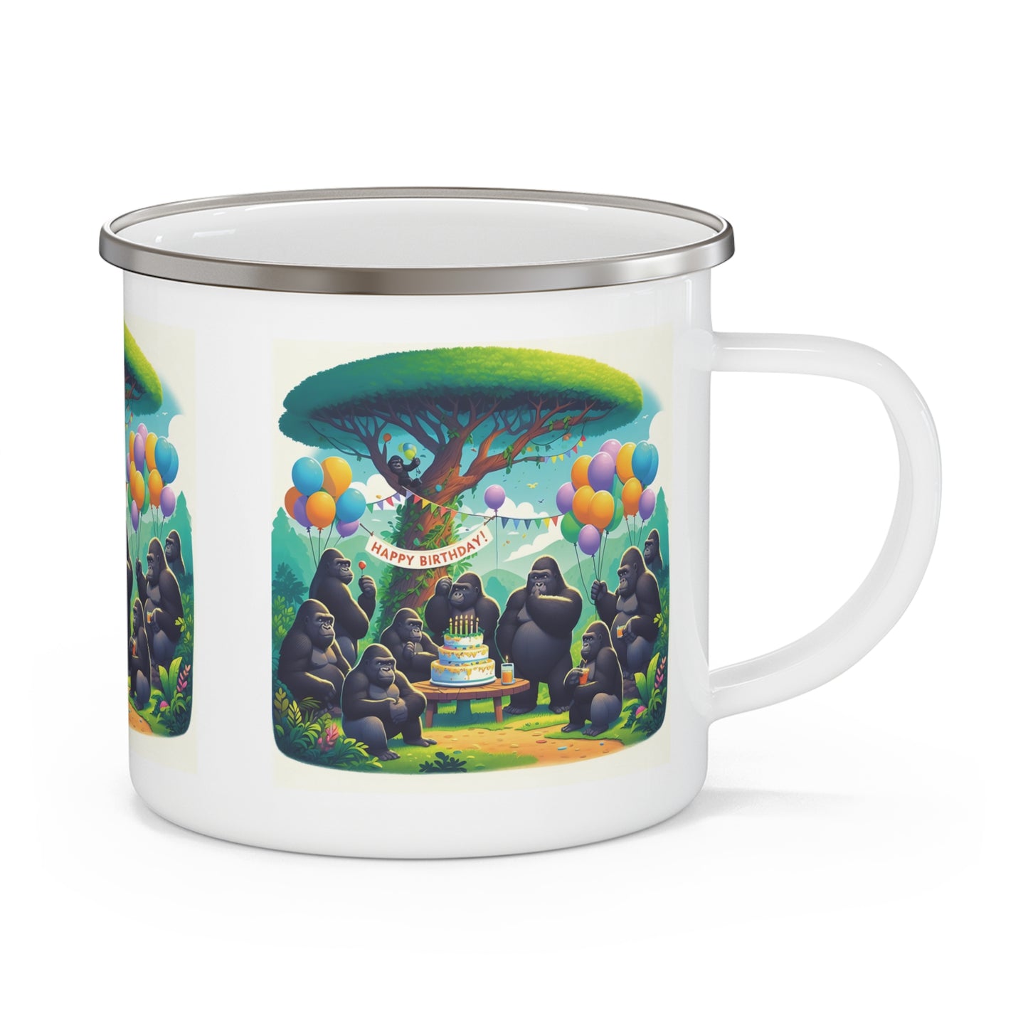 Celebrate with our enamel camping mug featuring a heartwarming scene of gorillas gathered for a joyful birthday party, just like humans celebrating outdoors. This mug is perfect for camping trips, outdoor adventures, or enjoying your coffee at home. Gift for animal and nature lovers. BUY NOW! (SK Superb)