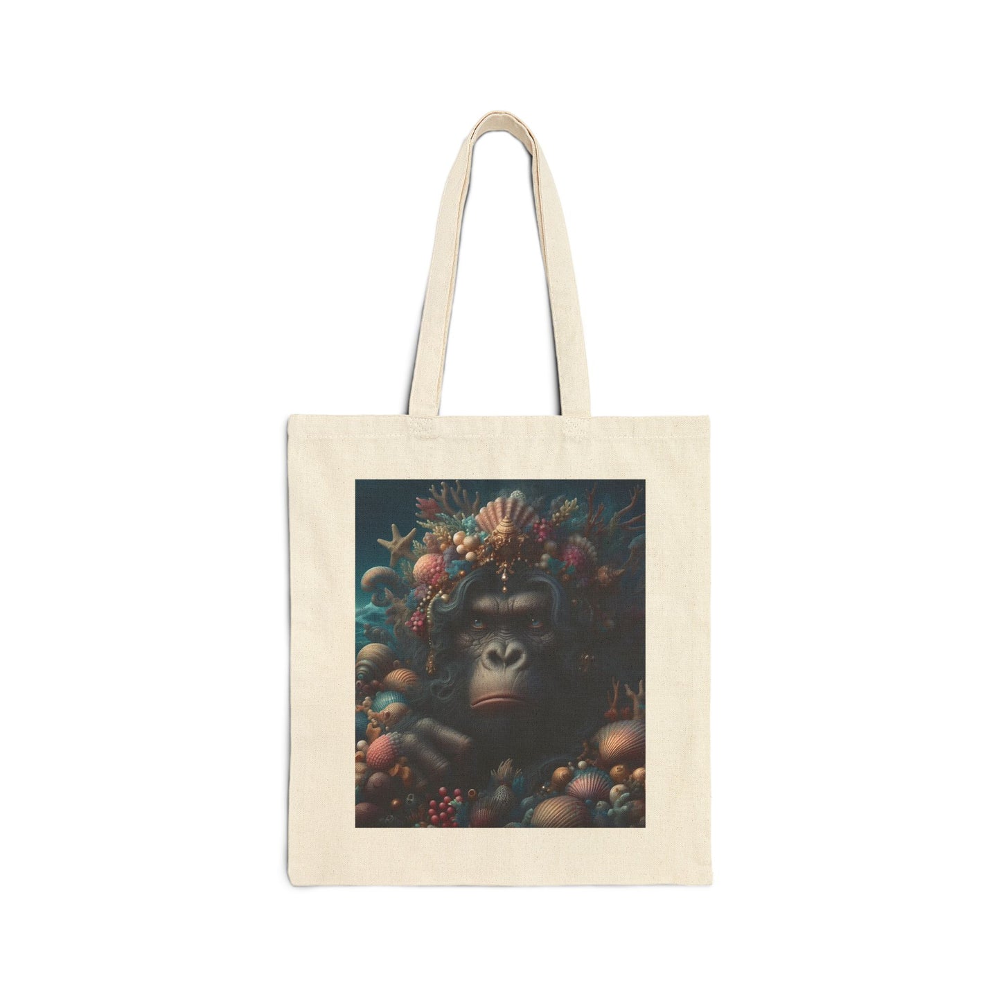 Celebrate your bachelorette party in style with this unique, functional canvas tote bag of a regal gorilla adorned with an intricate crown of seashells and coral. A perfect accessory for an unforgettable bachelorette event. This bag combines functionality with eye-catching design. BUY NOW! (SK Superb)