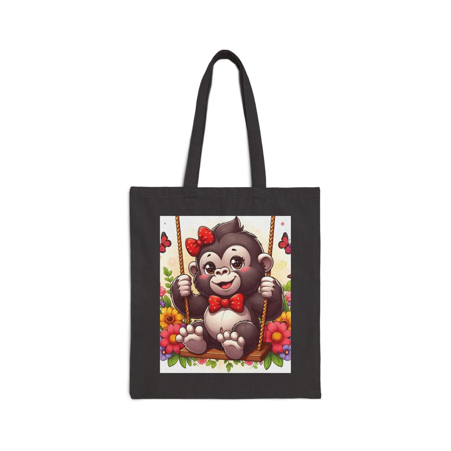 Carry your essentials in style with our Adorable Baby Gorilla Swing Canvas Tote Bag. The Eco-Friendly tote design resonates with the joy kids feel on a swing, Perfect for animal lovers, children, gorilla enthusiasts and those who appreciate cute, whimsical art. BUY NOW! (SK Superb)
