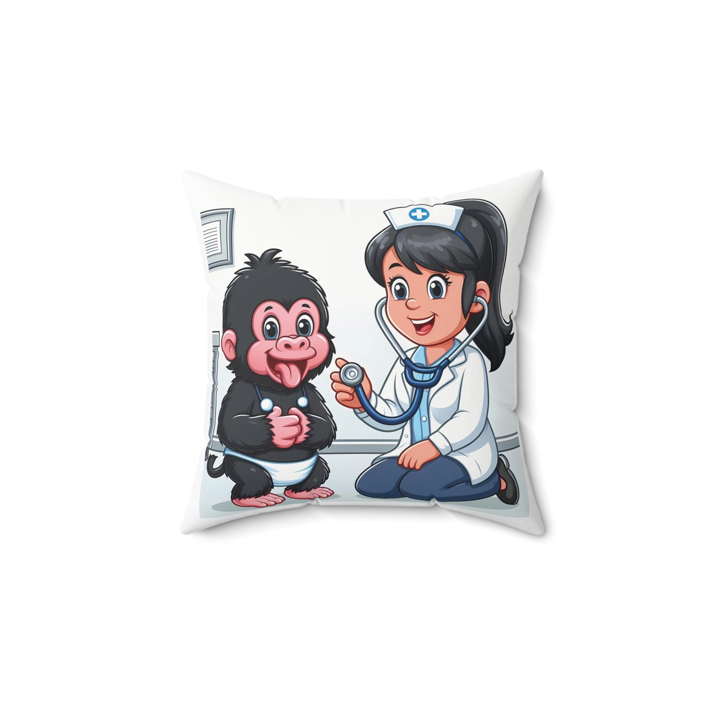 A delightful throw pillow for home decor with image of a caring nurse and an adorable baby monkey. Perfect for children's rooms and a cheerful decorative piece for a heartwarming addition to your home. Ideal for animal lovers, healthcare professionals, or anyone who enjoys cute and lighthearted designs. (SK Superb)