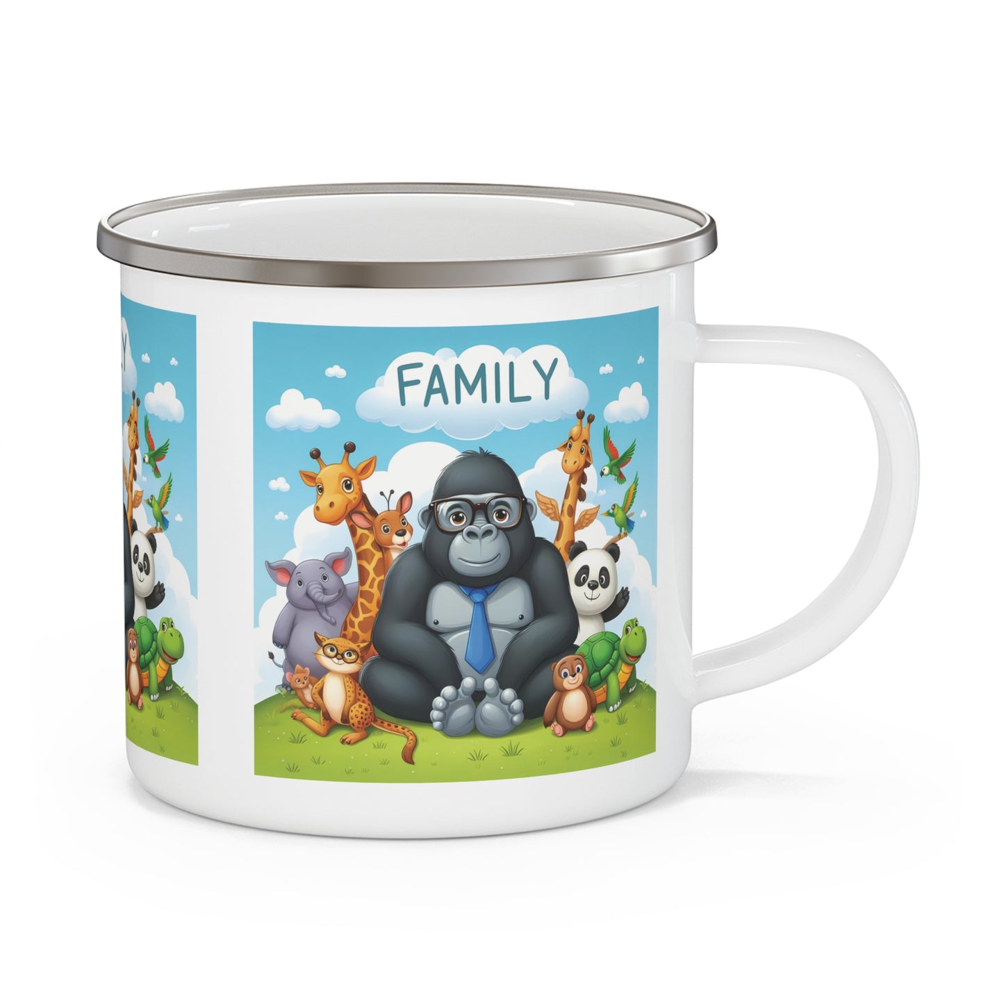 Bring a touch of family warmth and joy to your outdoor experiences with this Enamel Camping Mug of cartoon gorilla surrounded by a delightful group of animal friends. Perfect for your camping trip, picnic, or family adventure. BUY for yourself or as a gift for a fellow outdoor enthusiast. (SK Superb)