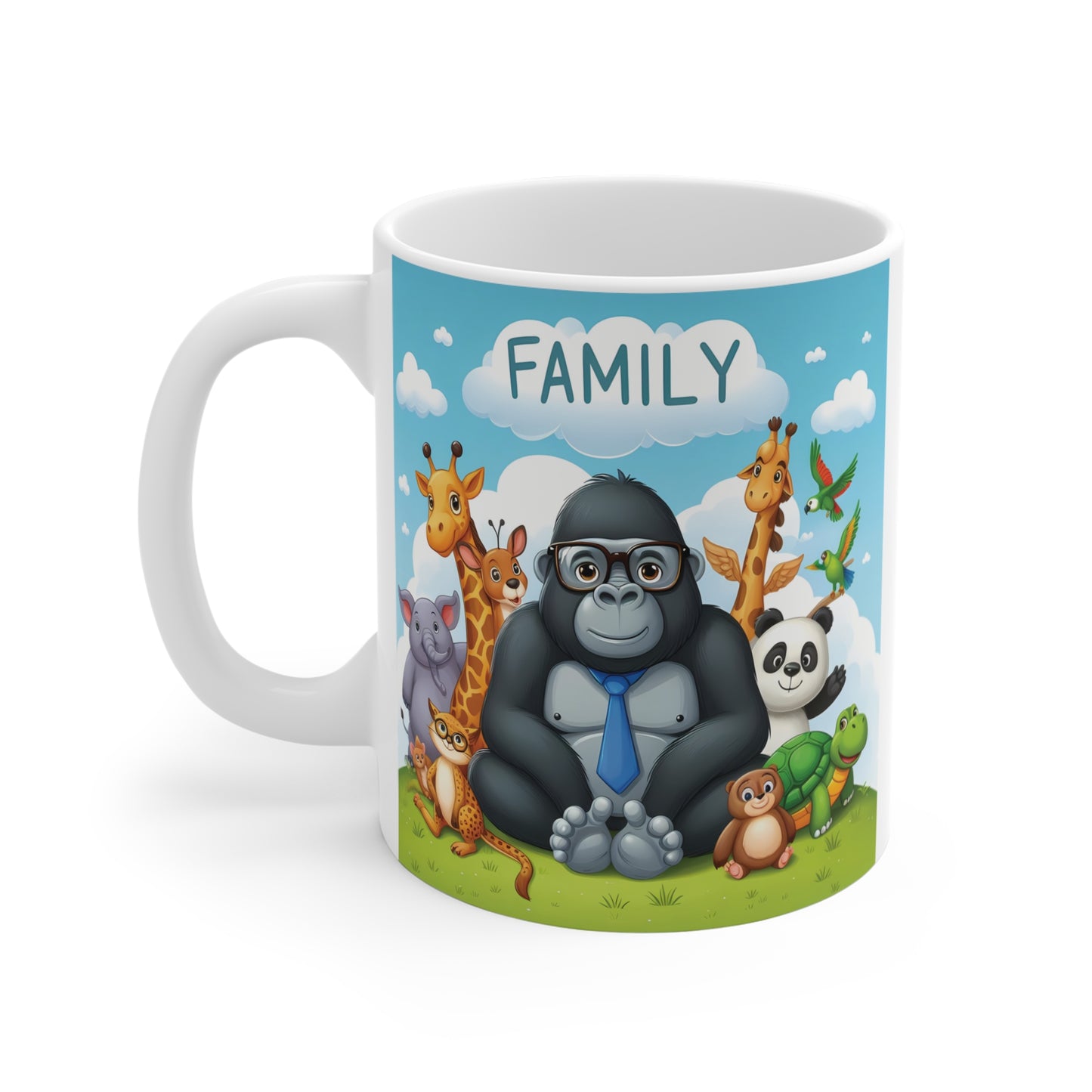 Custom "Family" animal illustration mug with cute safari and zoo characters including a gorilla, giraffe, and cheetah in a vibrant cartoon style, ideal for family gifts or office mugs.