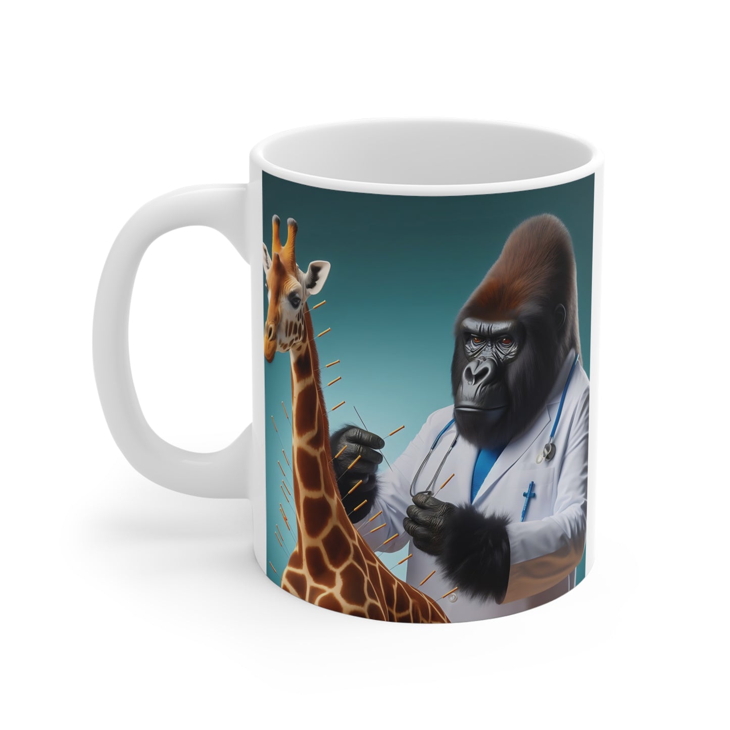 Funny wildlife acupuncture coffee mug showcasing a gorilla doctor and giraffe illustration, perfect gift for vets and safari fans.