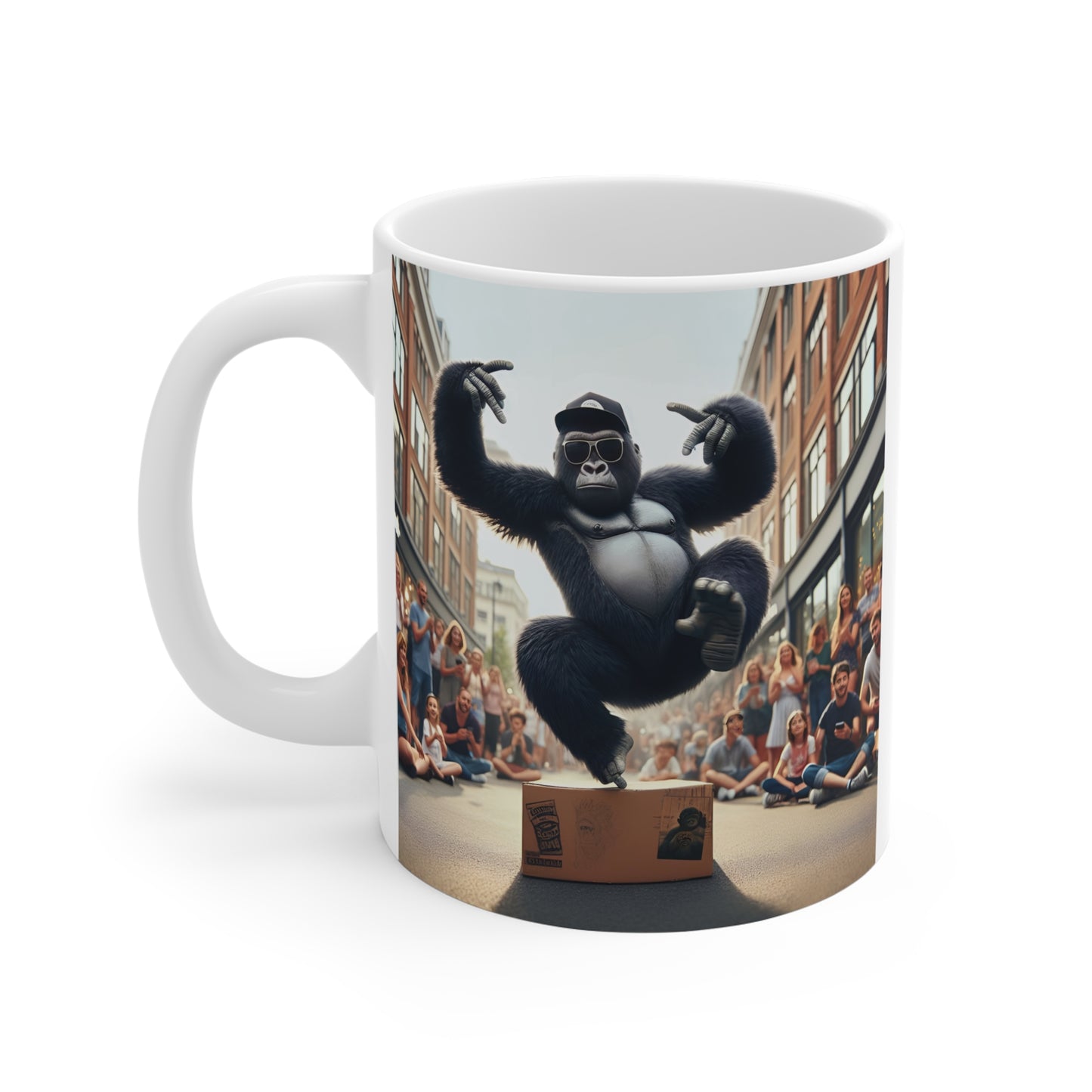 Black gorilla wearing sunglasses breakdancing in front of a cheering crowd on a city street, printed on a novelty ceramic coffee mug.