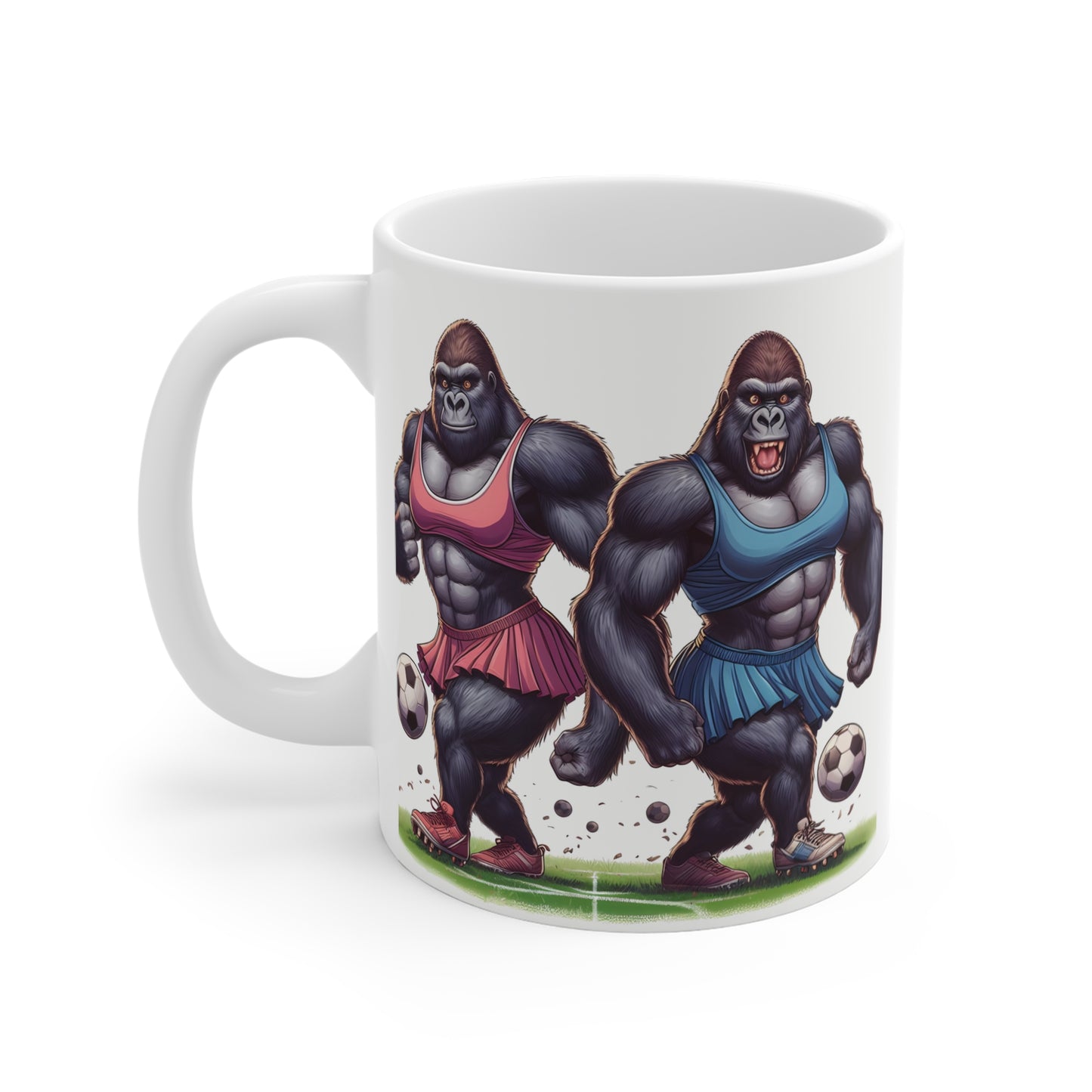 Quirky gorilla football mug with muscular ape characters in athletic uniforms, funny animal sports artwork for coffee lovers and soccer enthusiasts.