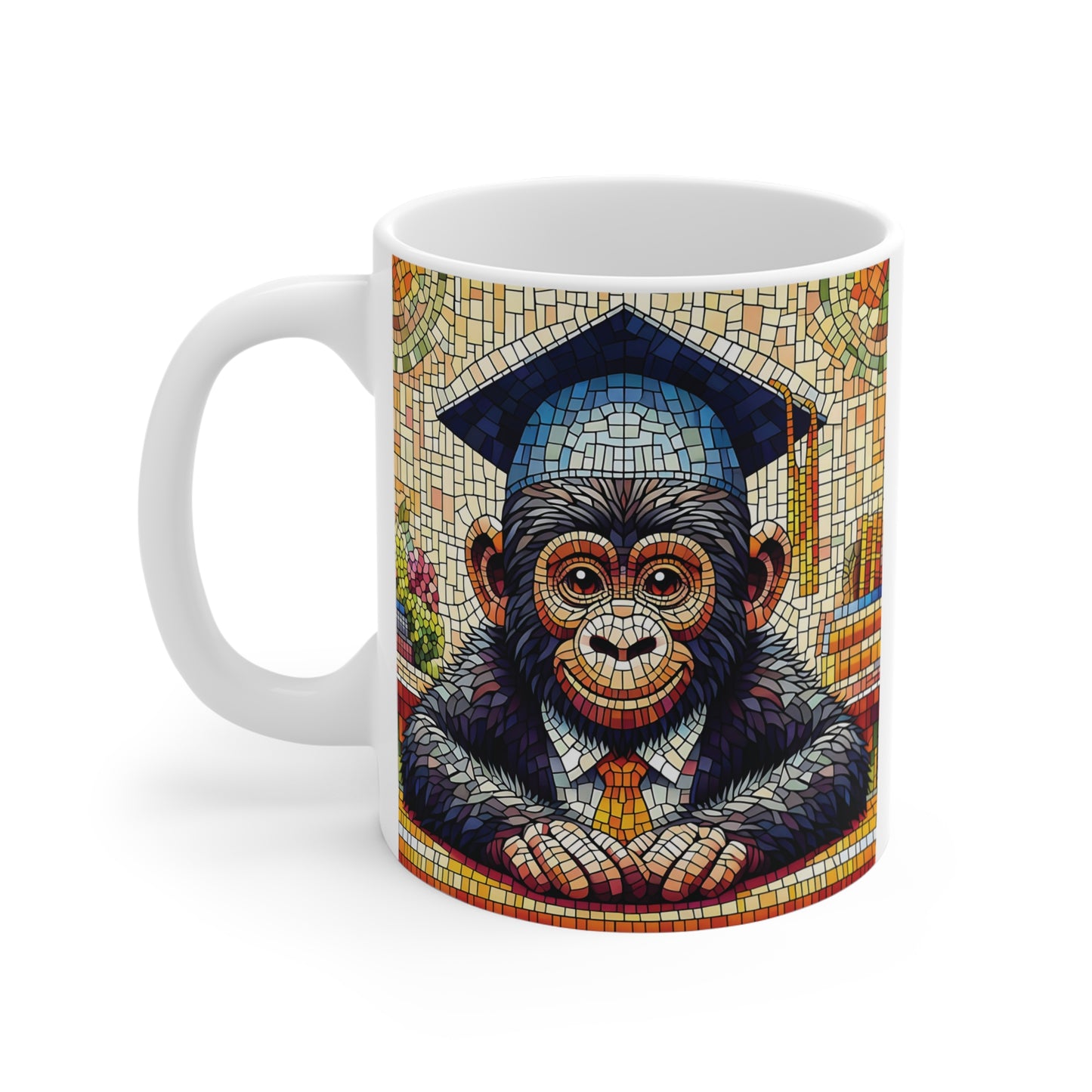 Artistic chimpanzee graduation mug in stained glass style, vibrant animal artwork coffee cup for students, graduation celebrations and collectors