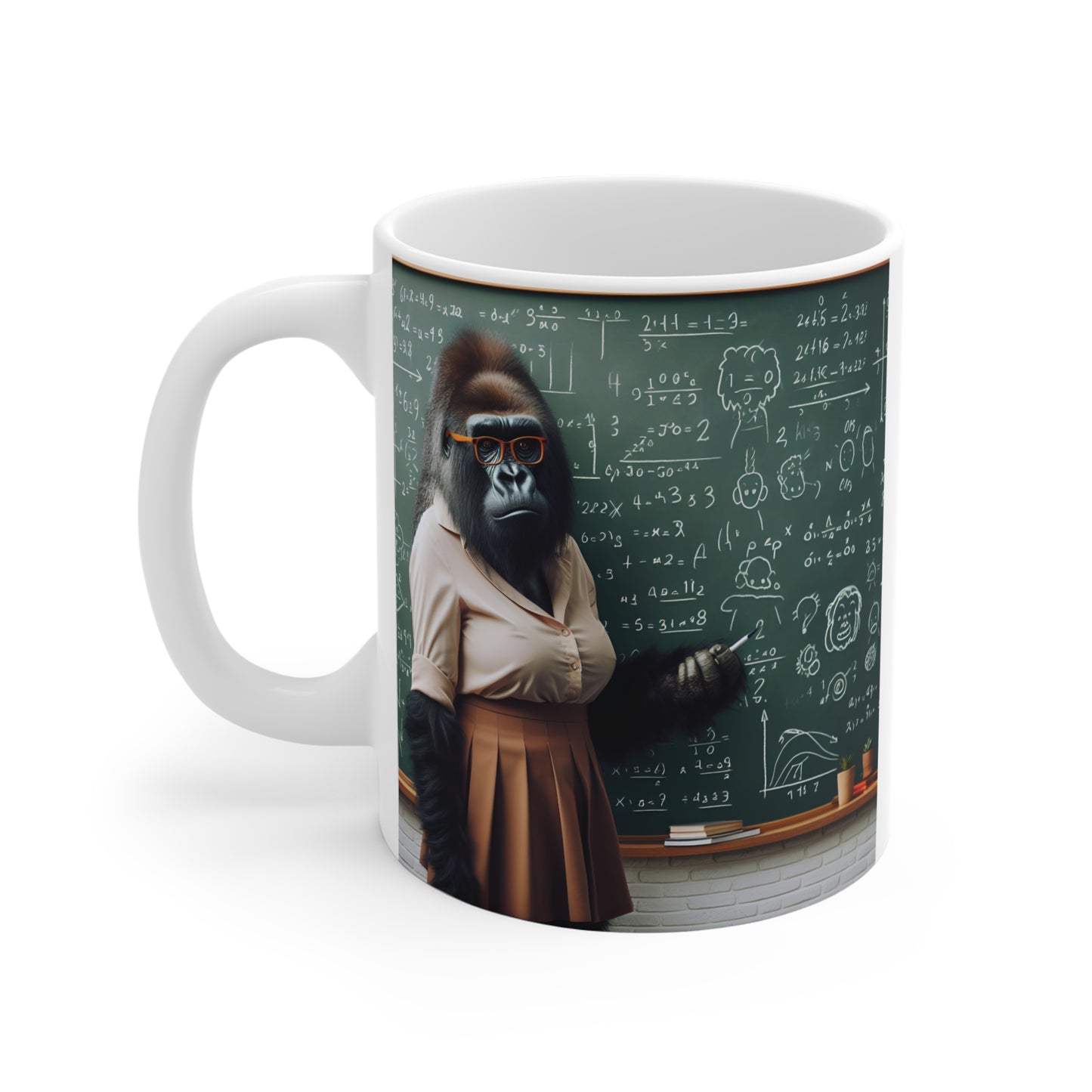 Gorilla professor ceramic mug design showing an intelligent ape teacher wearing glasses and classroom attire with educational chalkboard artwork.