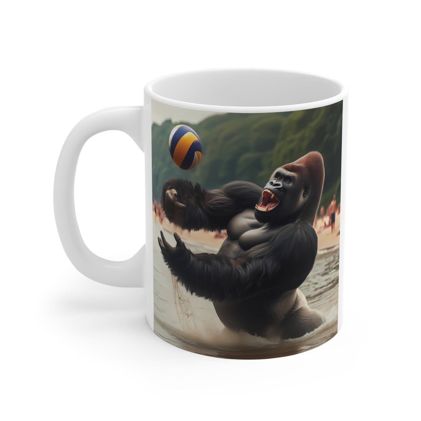 Unique gorilla volleyball ceramic mug with action-packed beach game design, tropical background, and realistic ape illustration