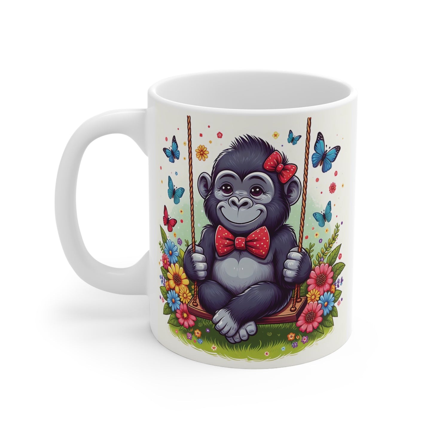 Cute animal-themed coffee mug showing a smiling baby gorilla on a swing in a colorful garden setting.