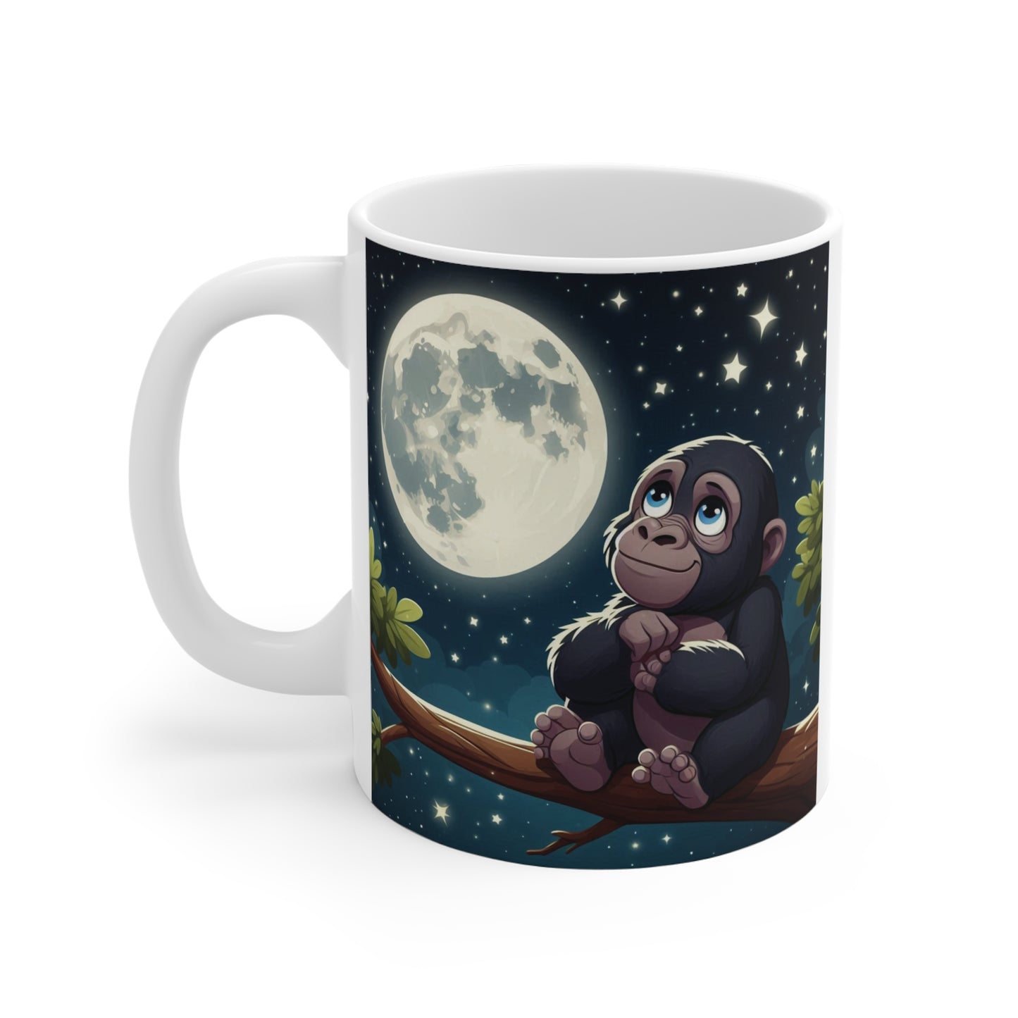 11oz ceramic mug with cute baby gorilla illustration under bright moonlight aesthetic animal coffee cup gift