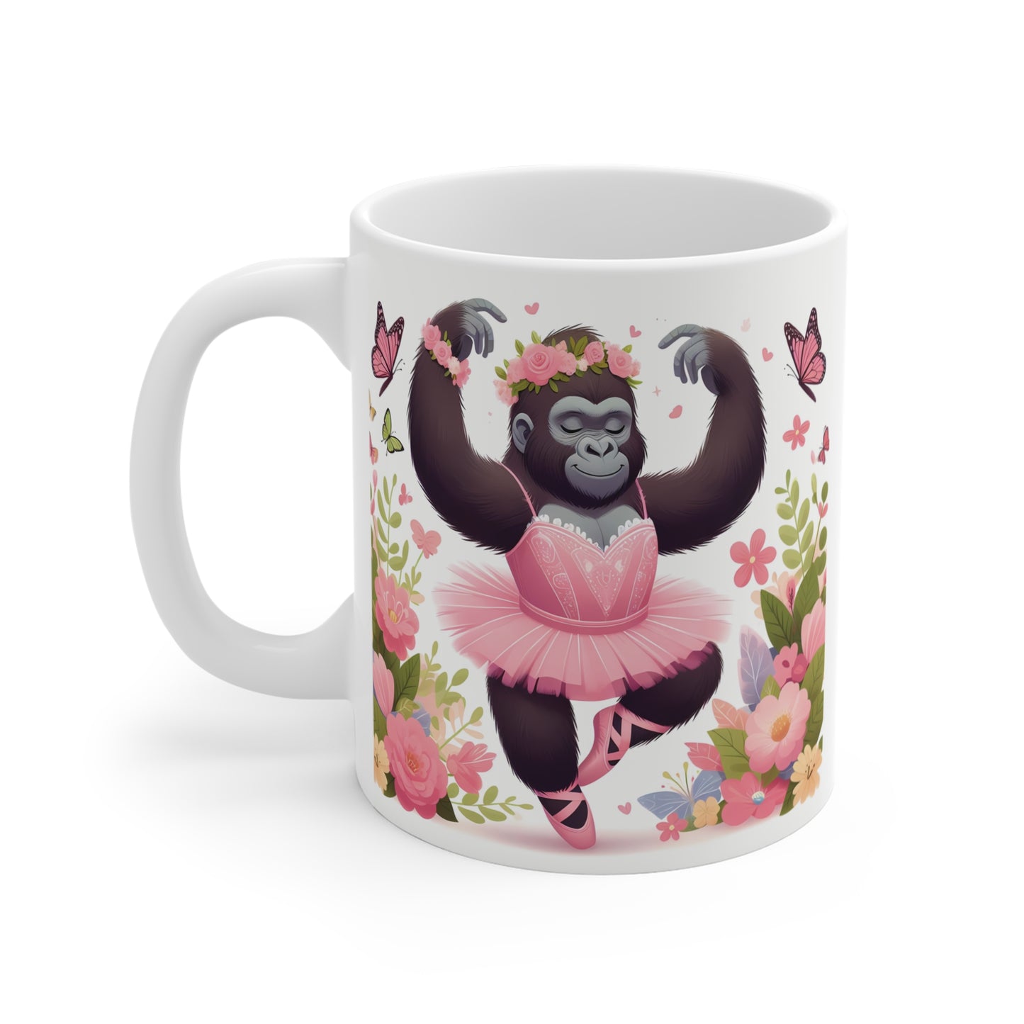Adorable dancing gorilla in ballet outfit with flowers and butterflies on 11oz ceramic mug