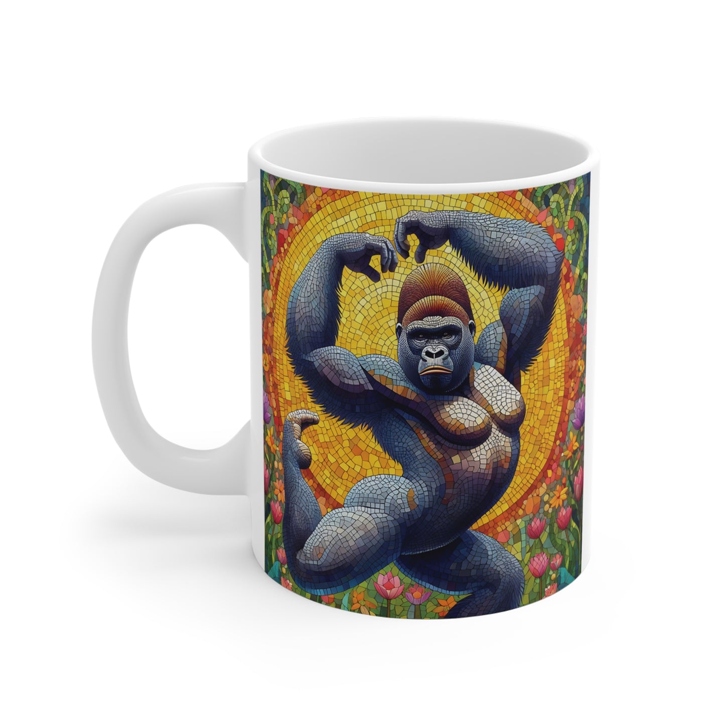Stained glass gorilla mug with bold jungle-inspired mosaic artwork, colorful animal coffee cup gift for men, women and primate art fans