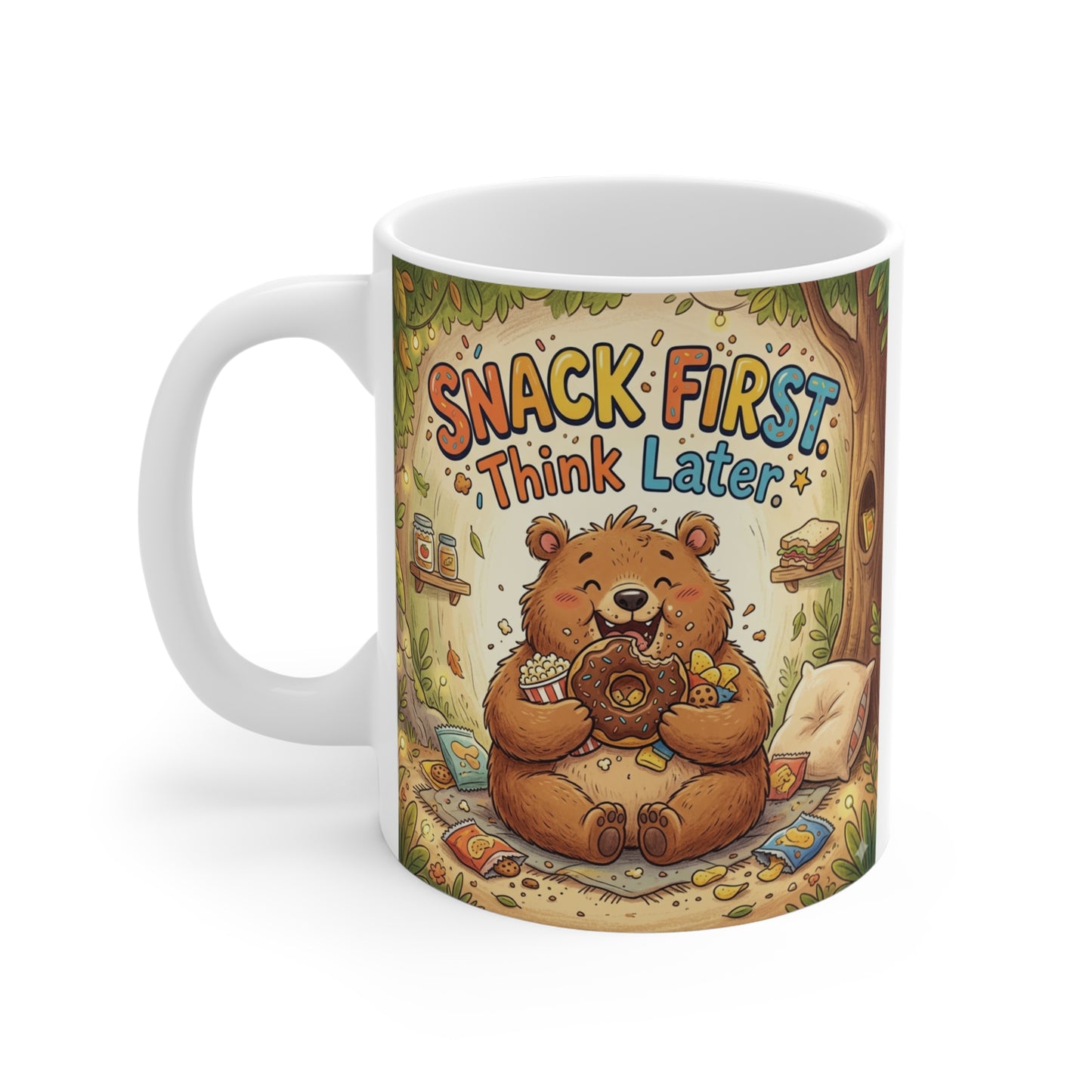Cute donut bear ceramic mug with humorous foodie quote for students and coffee lovers