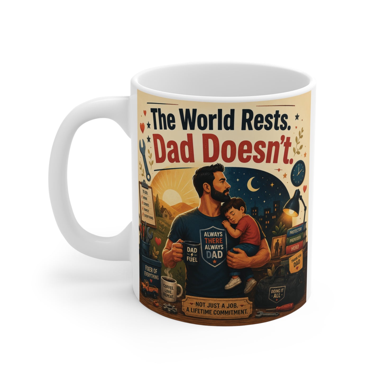 Cute super dad coffee cup gift for fathers, husbands, and new dads with warm retro design
