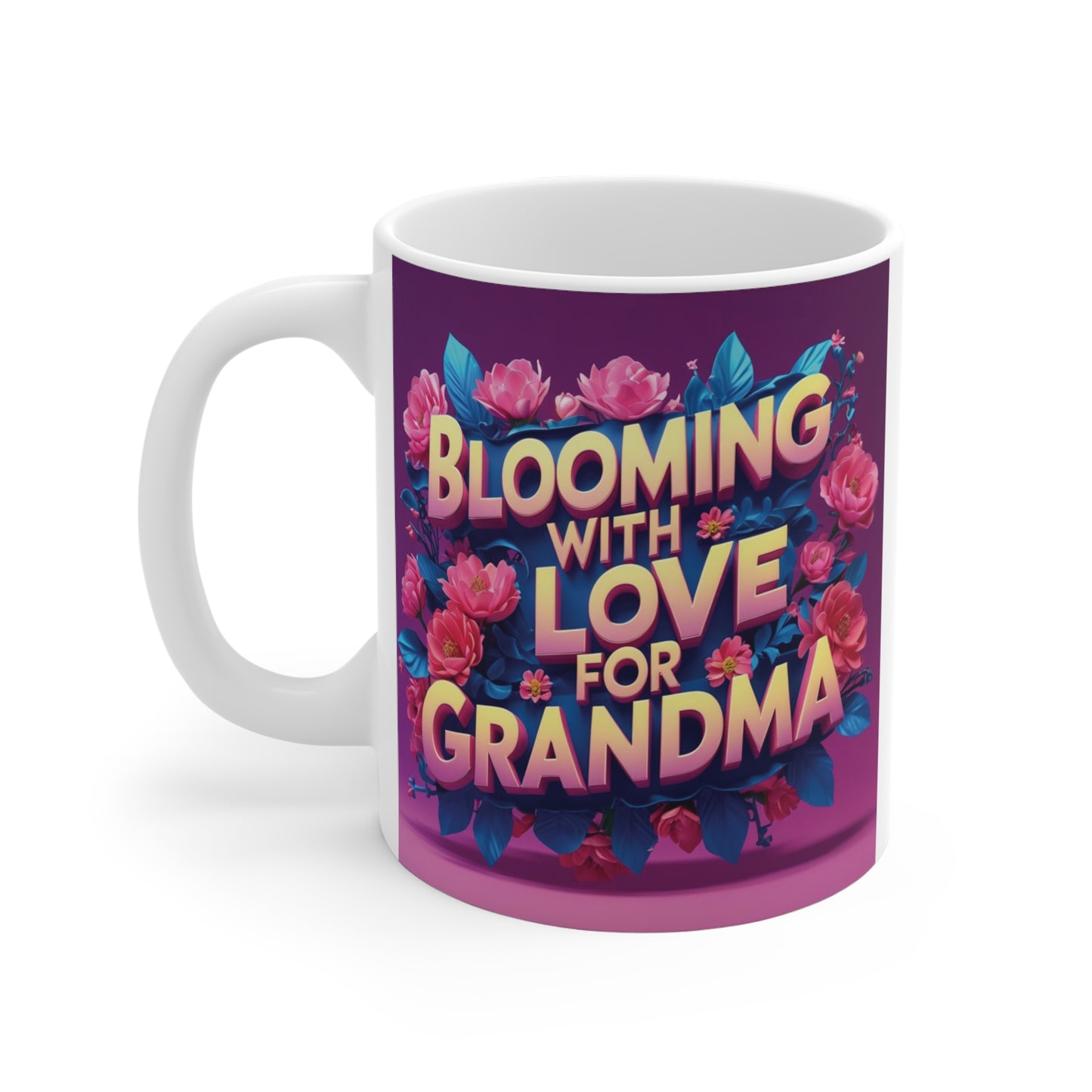 Vibrant pink and purple 11oz Grandma mug decorated with flowers and loving message, ideal gift for Nana, Granny, or Grandmother.