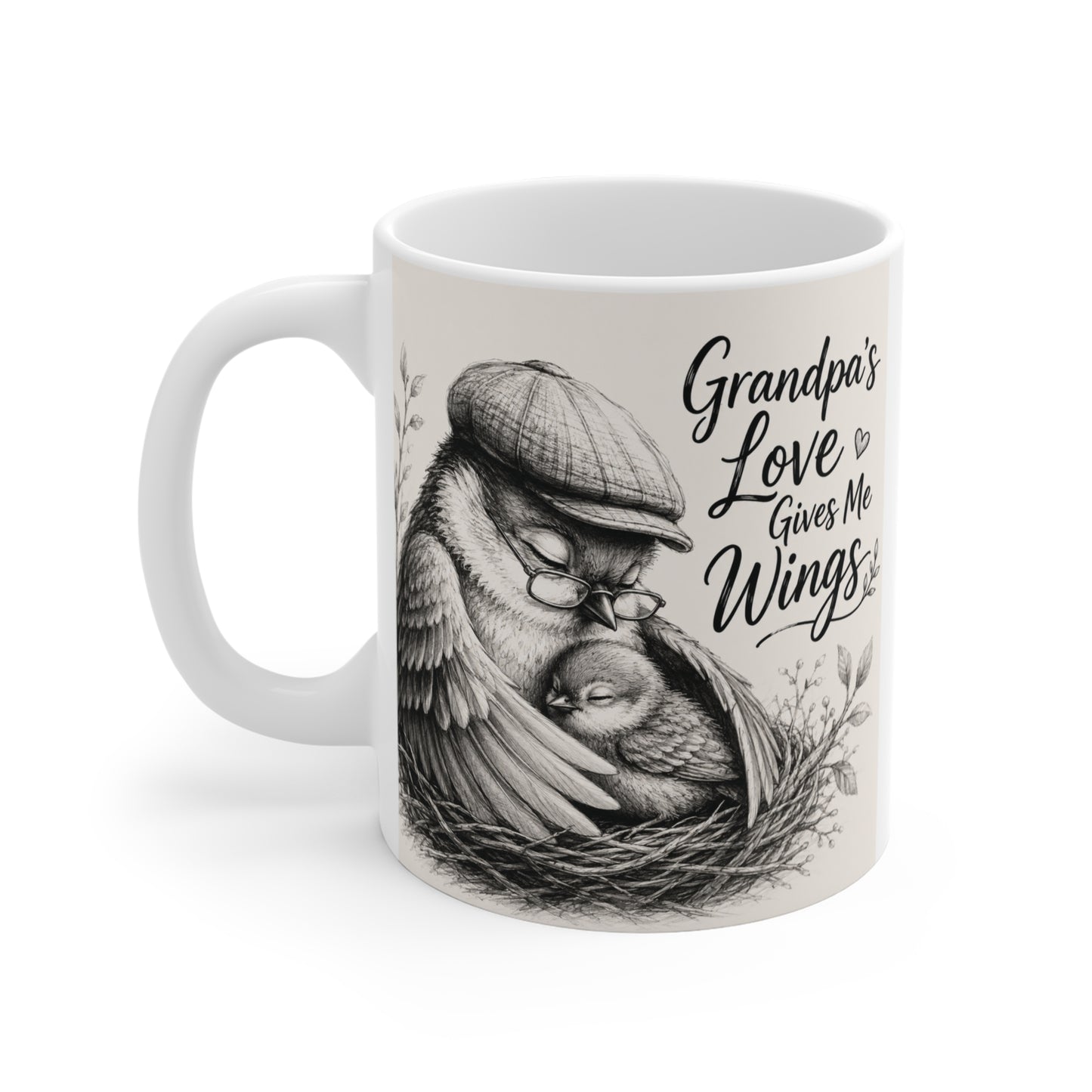 Grandfather appreciation mug showing a protective bird and baby birds with heartfelt message celebrating Grandpa's love and guidance.
