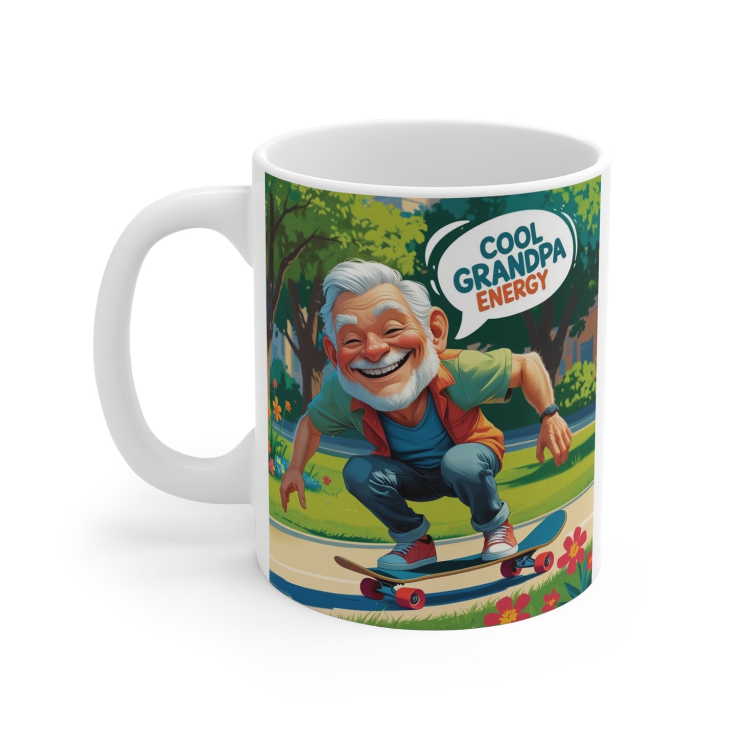 Unique grandfather gift mug with Cool Grandpa Energy text and cartoon grandpa skateboard illustration, ideal for Christmas, retirement, and birthday gifts.